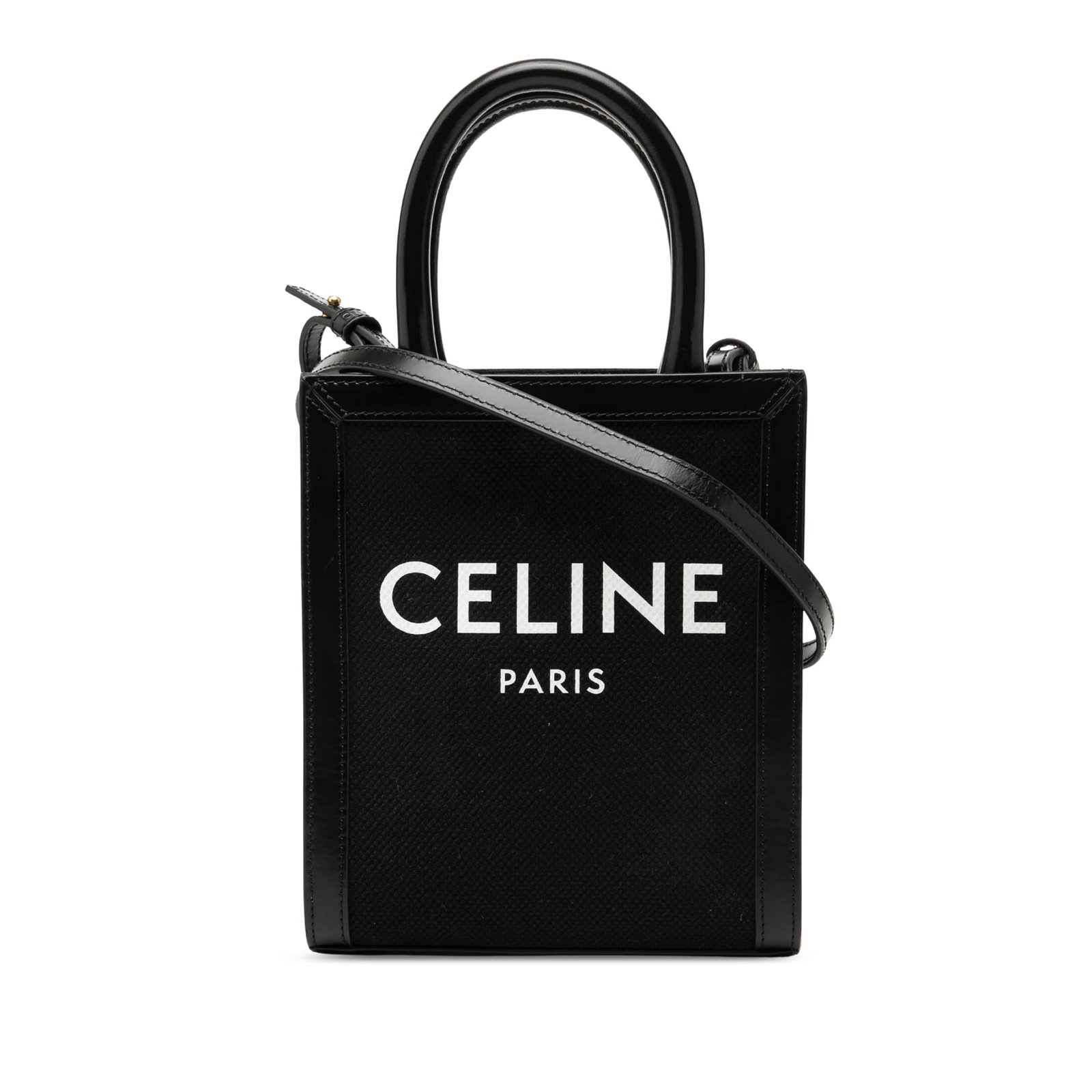 Celine Mini Vertical Cabas Canvas Tote with Leather Strap: Celine Mini Vertical Cabas Canvas Tote with Leather Strap A compact Celine Mini Vertical Cabas tote crafted with a canvas body and leather trim. This tote features rolled leather handles, a detachable