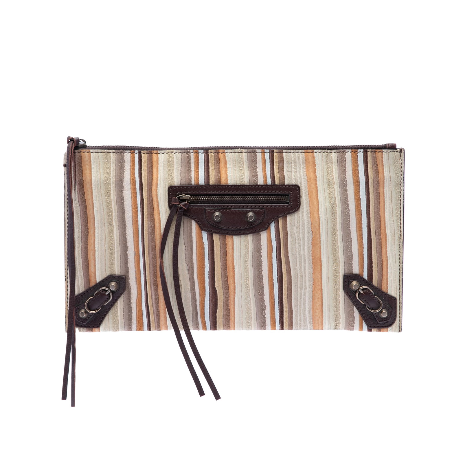 Balenciaga Papier Clutch in Striped Suede Leather: Balenciaga Papier Clutch in Striped Suede Leather Suede striped Papier clutch by Balenciaga in beige, made in Italy. It features a suede body, top zip closure, exterior front zip pocket, and interior 