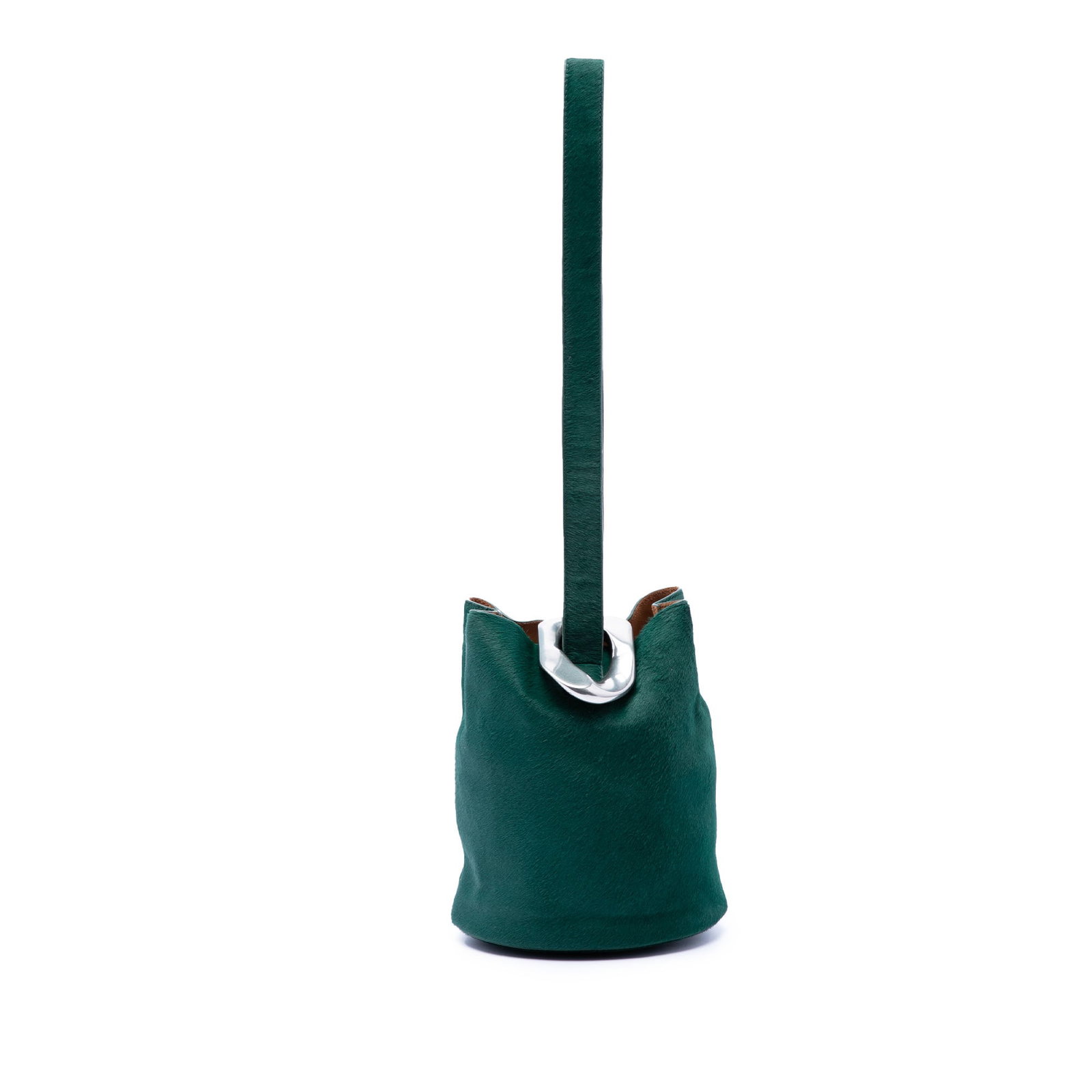 Bottega Veneta Drop Bucket Bag in Green Pony Hair: Bottega Veneta Drop Bucket Bag in Green Pony Hair Small Drop bucket bag in green pony hair with a flat strap, magnetic snap closure, and an interior slip pocket. Made in Italy. Condition AB with noted
