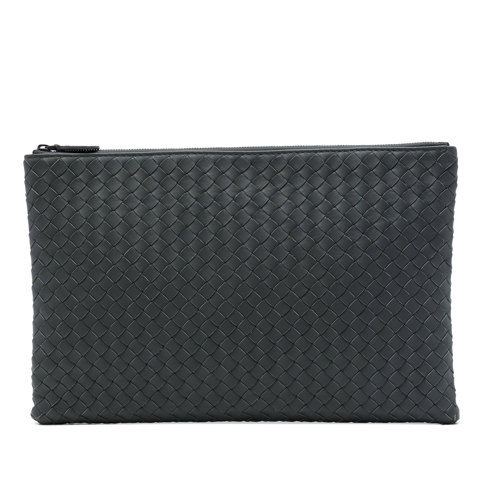 Gray Leather Zip Clutch Bottega Veneta Nappa Intrecciato: Gray Leather Zip Clutch Bottega Veneta Nappa Intrecciato A Bottega Veneta Nappa Intrecciato clutch in gray leather with the brand's signature woven construction and a top zip closure. Made in Italy. C