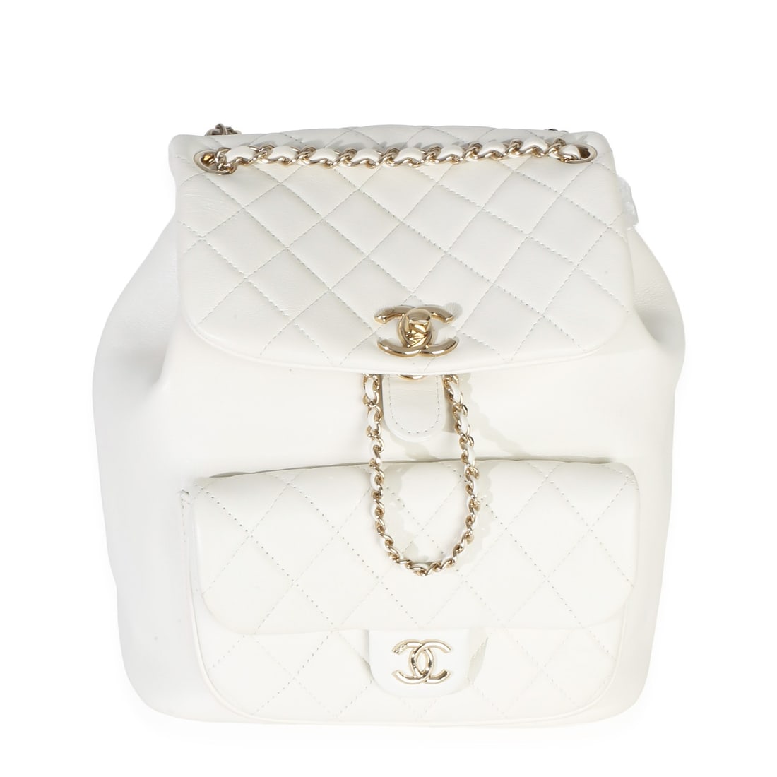 Chanel Small Duma Backpack White Quilted Lambskin Drawstring: Chanel Small Duma Backpack White Quilted Lambskin Drawstring Pre-owned Chanel Small Duma drawstring backpack in white quilted lambskin. This unisex backpack features a drawstring and turnlock closure 