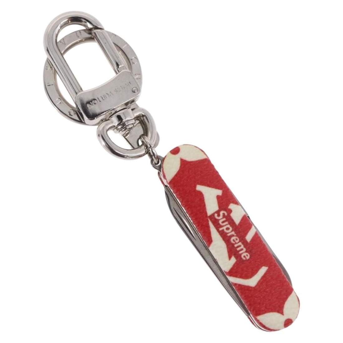 Louis Vuitton MP2070 Monogram Canvas Red Pocket Knife Charm: Louis Vuitton MP2070 Monogram Canvas Red Pocket Knife Charm Louis Vuitton Monogram LV x Supreme pocket knife key chain charm in red Monogram Canvas. Made in Italy, this piece includes the dust bag and