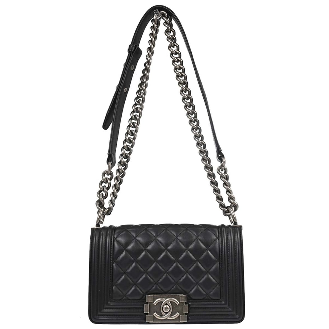 CHANEL Boy Chanel Mini Black Lambskin Shoulder Bag: CHANEL Boy Chanel Mini Black Lambskin Shoulder Bag Chanel Boy Chanel small chain shoulder bag in black lambskin with a clasp flap closure and chain shoulder strap. The bag features a fabric lining, on