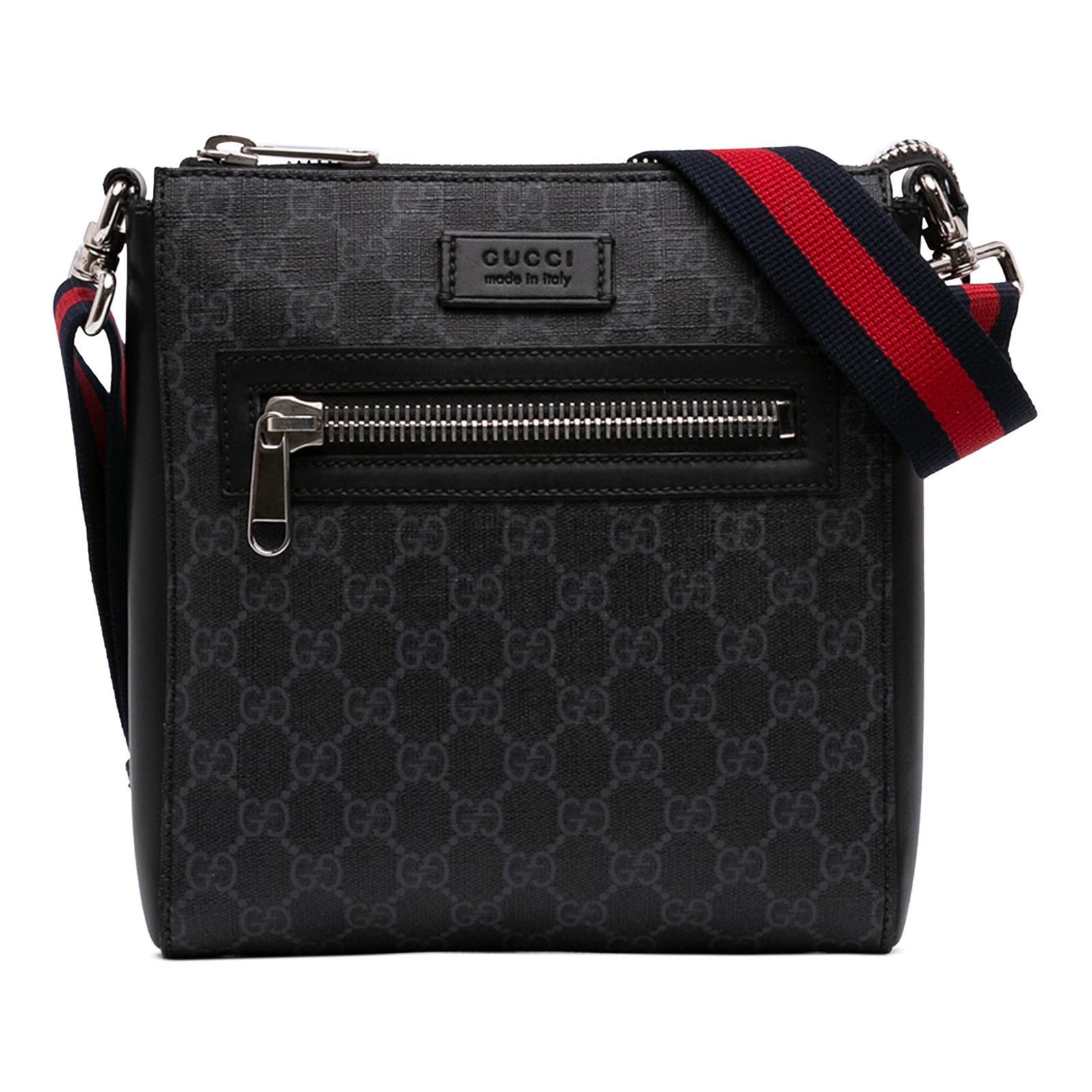Gucci GG Supreme Web Small Messenger Crossbody Bag: Gucci GG Supreme Web Small Messenger Crossbody Bag Gucci Small GG Supreme Web Messenger Bag in black with a coated canvas body and adjustable flat canvas strap. The bag features a top zip closure, an 