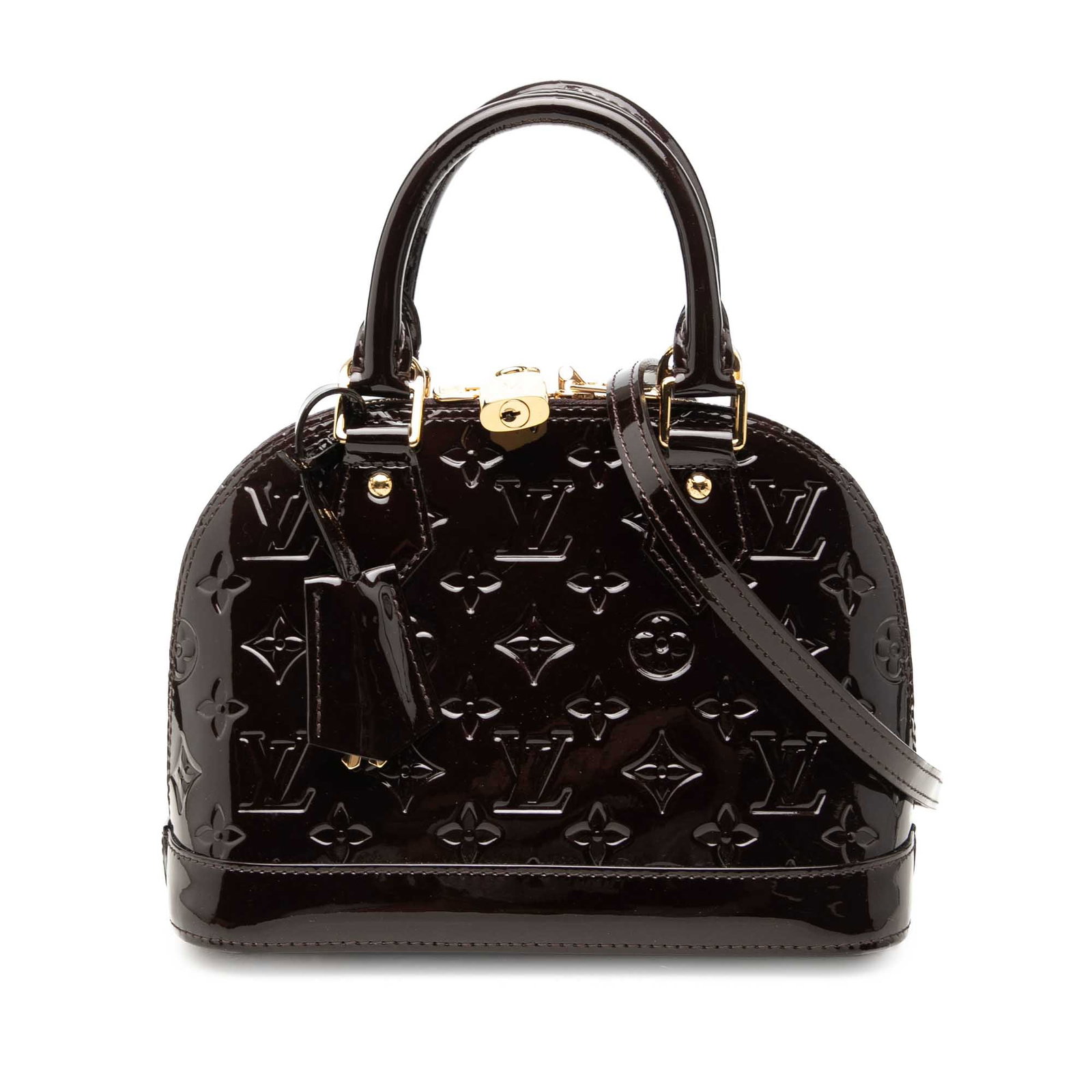 Louis Vuitton Alma BB Monogram Vernis Leather Handbag Purple: Louis Vuitton Alma BB Monogram Vernis Leather Handbag Purple A compact Louis Vuitton Alma BB handbag in purple Monogram Vernis leather with a structured silhouette. It features rolled leather handles,