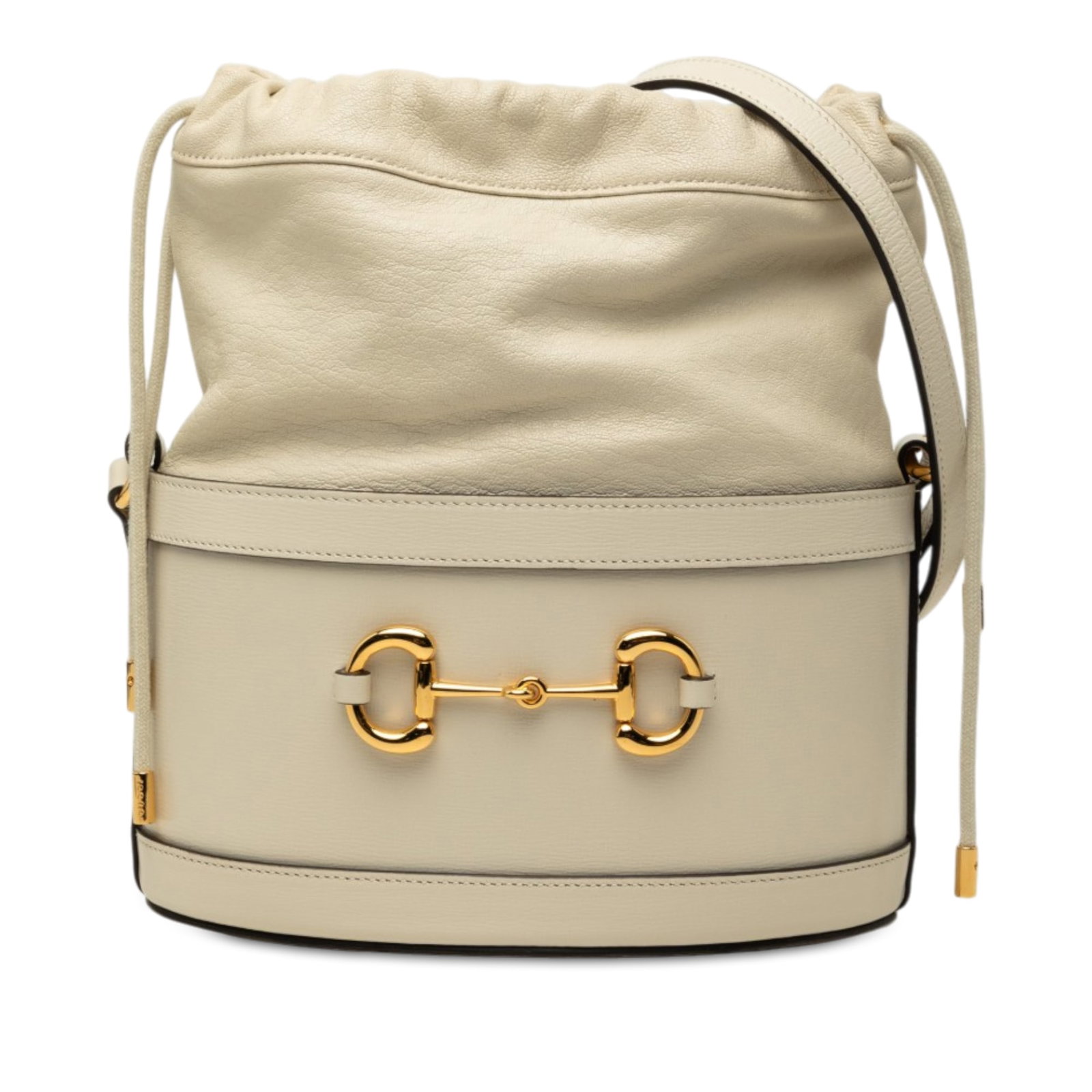 Gucci Horsebit 1955 Calfskin Bucket Bag White Leather: Gucci Horsebit 1955 Calfskin Bucket Bag White Leather A Gucci Horsebit 1955 bucket bag crafted in white calfskin leather with the collection's signature Horsebit styling. It features an adjustable fla
