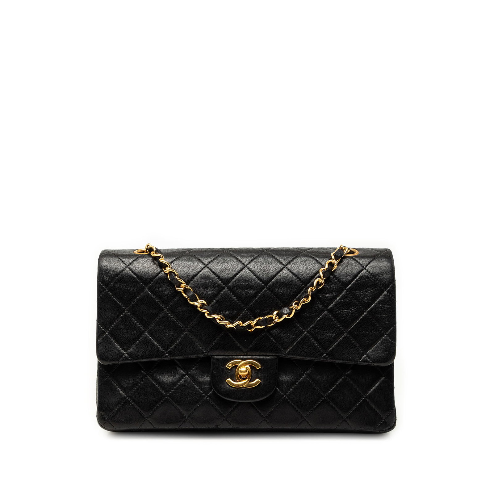 Chanel Medium Classic Double Flap Shoulder Bag Black Lambskin: Chanel Medium Classic Double Flap Shoulder Bag Black Lambskin A Chanel Medium Classic Lambskin Double Flap shoulder bag crafted in black quilted lambskin. This bag features leather-woven chain straps,