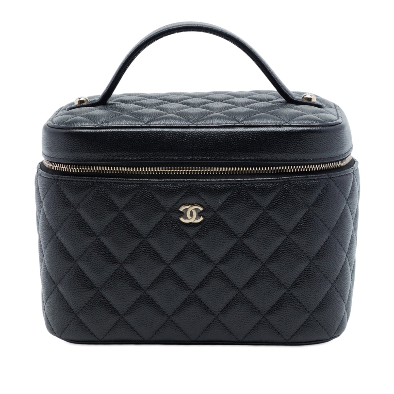 Chanel Medium CC Caviar Leather Vanity Bag Black: Chanel Medium CC Caviar Leather Vanity Bag Black Medium Chanel vanity case in black quilted caviar leather with a structured silhouette, flat leather top handle, zip-around closure, and interior slip 