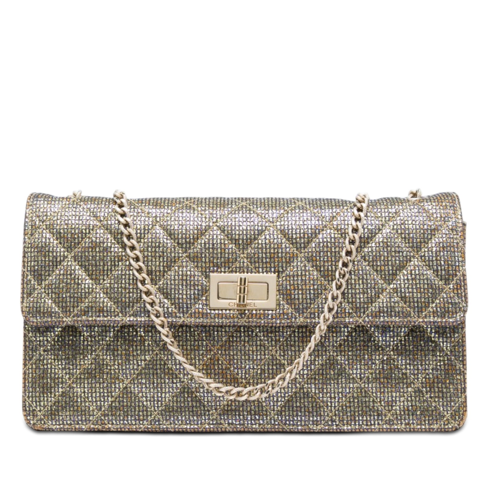 Chanel Reissue 2.55 Quilted Glitter Canvas Shoulder Bag: Chanel Reissue 2.55 Quilted Glitter Canvas Shoulder Bag Quilted Chanel Reissue 2.55 flap shoulder bag in glitter canvas with a chain link strap, front flap, twist lock closure, and an interior slip po