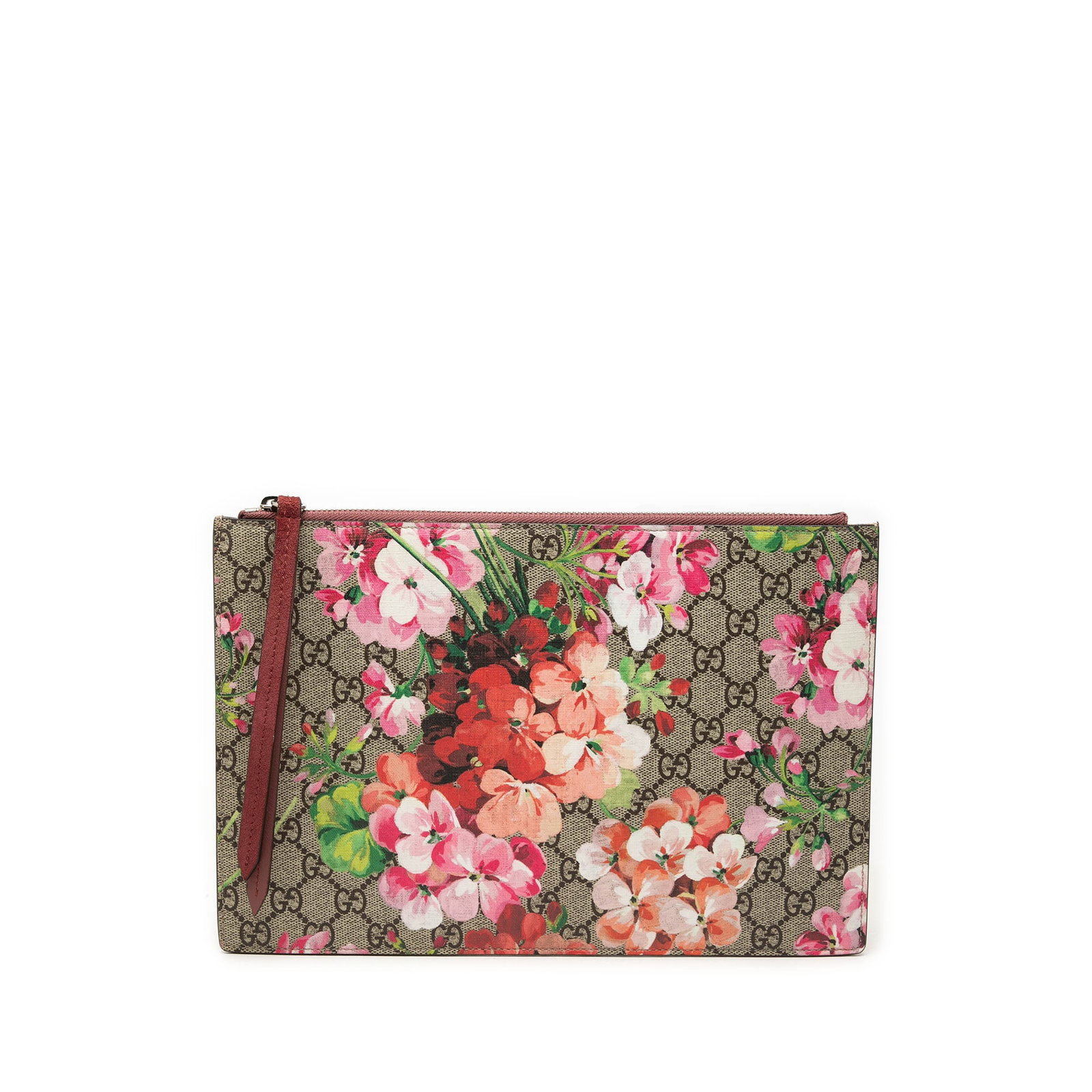 Gucci GG Supreme Blooms Floral Canvas Zip Clutch: Gucci GG Supreme Blooms Floral Canvas Zip Clutch Gucci GG Supreme Blooms clutch in beige with a floral print coated canvas body and top zip closure. Made in Italy. Condition AB with visible wear inclu