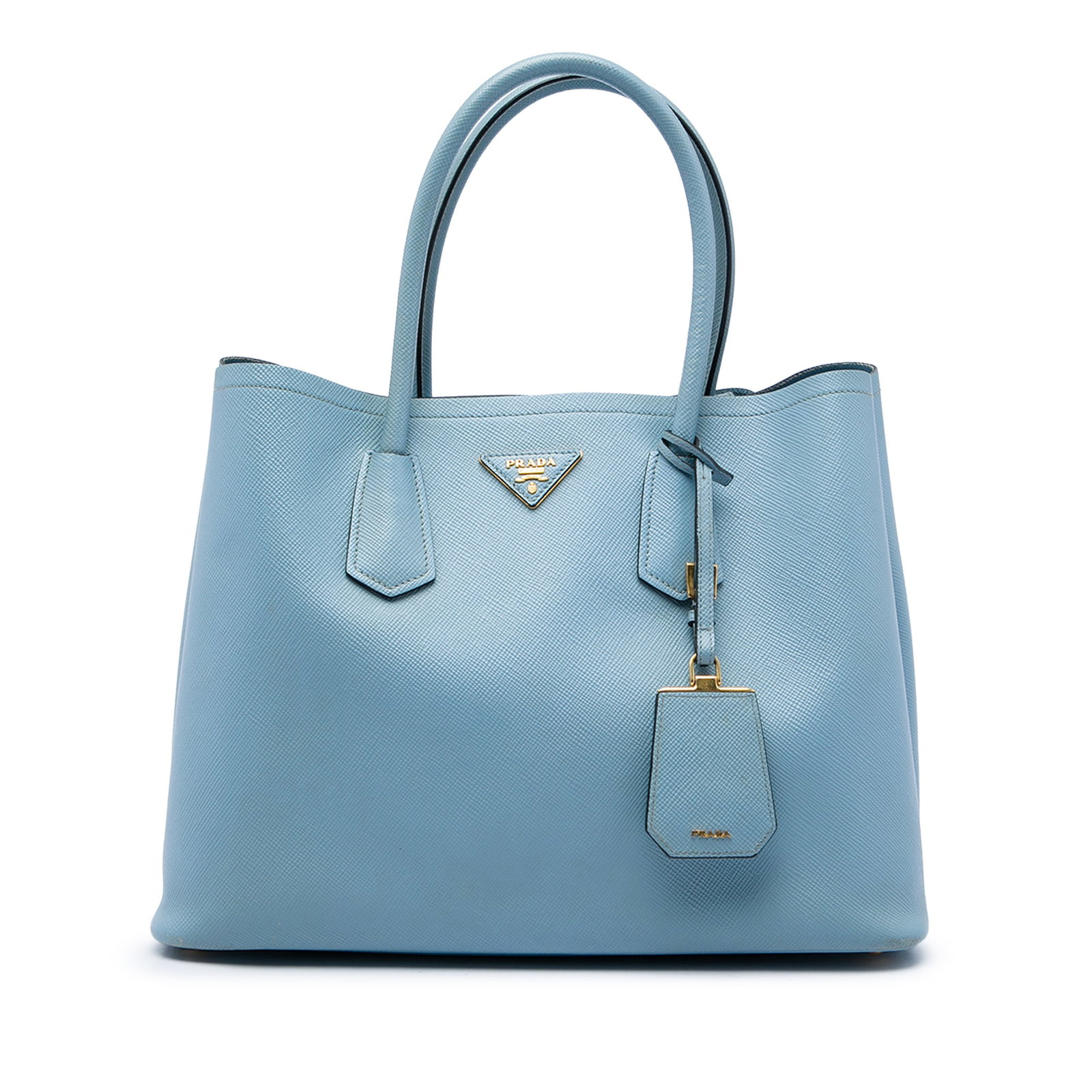 Prada Saffiano Cuir Double Satchel Large Blue Leather Bag: Prada Saffiano Cuir Double Satchel Large Blue Leather Bag Large Prada Saffiano Cuir Double Satchel in blue leather with rolled leather handles, an open top, side snap button closures, and an interior 