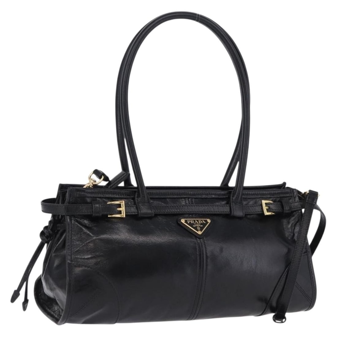 PRADA Bonnie 2way Leather Hand Bag Black with Shoulder Strap: PRADA Bonnie 2way Leather Hand Bag Black with Shoulder Strap Prada Bonnie 2-way handbag in black leather with gold-tone accents. Designed for women, this Italian-made bag includes both top handles and