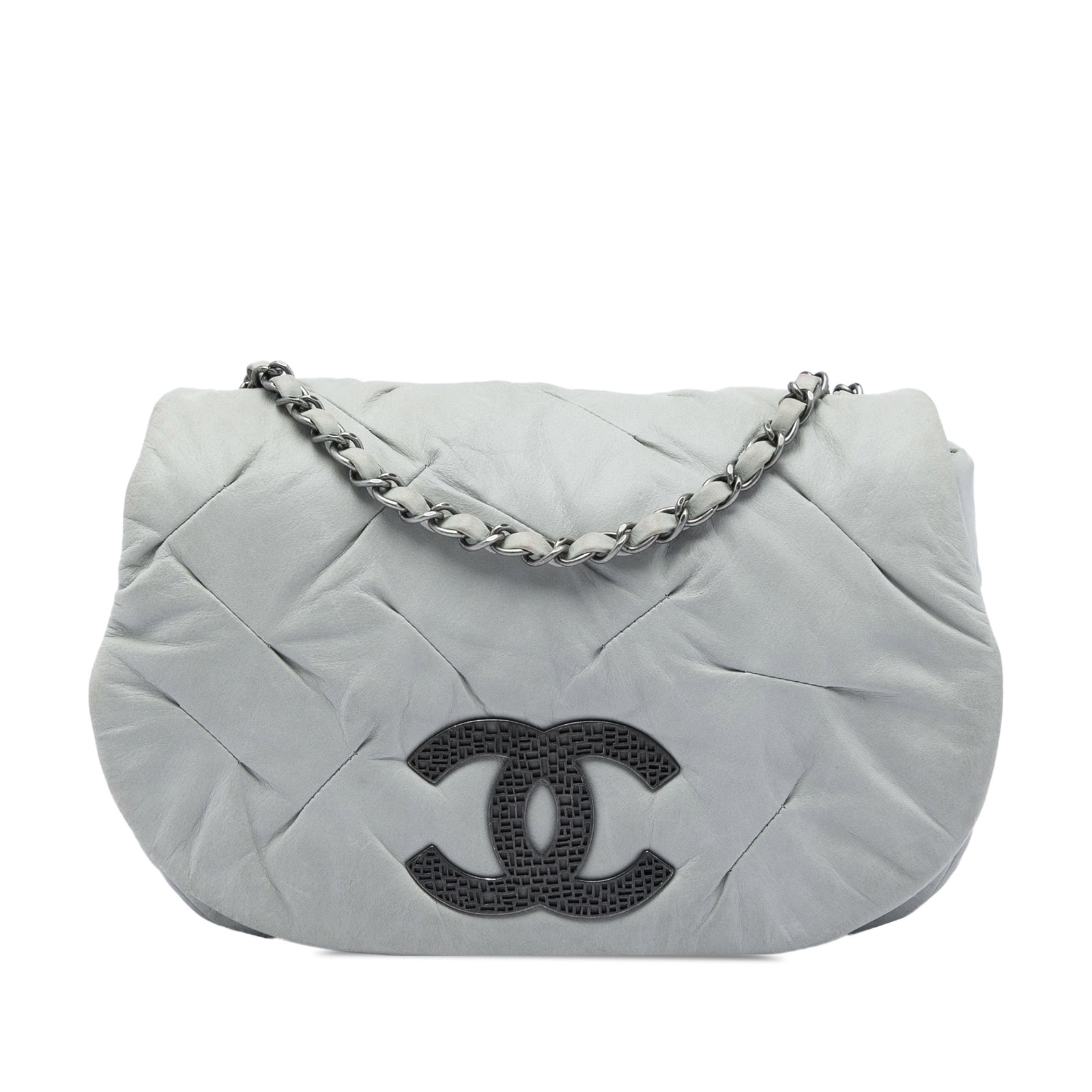Chanel East Glint Flap Crossbody Bag in Iridescent Gray Calfskin: Chanel East Glint Flap Crossbody Bag in Iridescent Gray Calfskin Chanel East Glint Flap crossbody bag in gray iridescent calfskin. This bag features a leather-woven chain strap, a front flap with magn