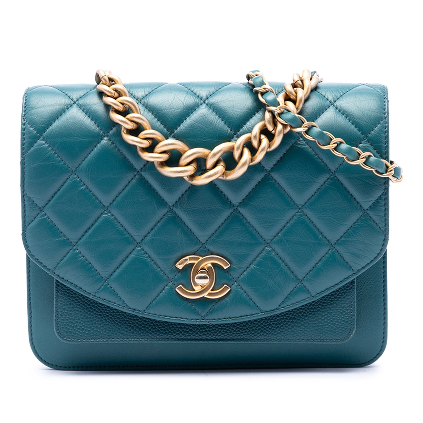 Chanel Chain Handle Flap Satchel Blue Quilted Calfskin Caviar: Chanel Chain Handle Flap Satchel Blue Quilted Calfskin Caviar A Chanel satchel in blue quilted calfskin and caviar leather with a structured flap silhouette. It features a gold-tone curb chain top han