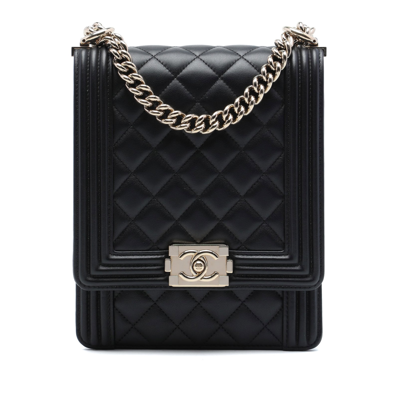 Chanel Boy Flap North South Quilted Lambskin Shoulder Bag: Chanel Boy Flap North South Quilted Lambskin Shoulder Bag A Chanel North South Boy Flap bag crafted in black quilted lambskin leather. It features a curb chain link strap with a leather guard, a front