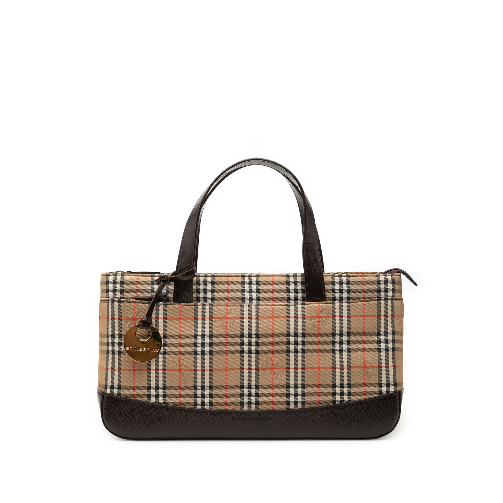 Burberry Haymarket Check Tote Bag in Canvas with Leather Trim: Burberry Haymarket Check Tote Bag in Canvas with Leather Trim Burberry Haymarket Check canvas handbag with leather trim, flat leather handles, a top zip closure, an exterior zip pocket, and interior z