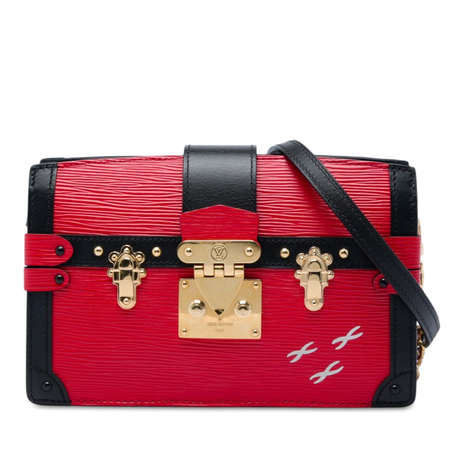 Louis Vuitton Epi Leather Trunk Clutch Bag Red: Louis Vuitton Epi Leather Trunk Clutch Bag Red Louis Vuitton Epi Trunk Clutch in red leather with a structured trunk-inspired design. It features an adjustable and detachable chain link strap with a l