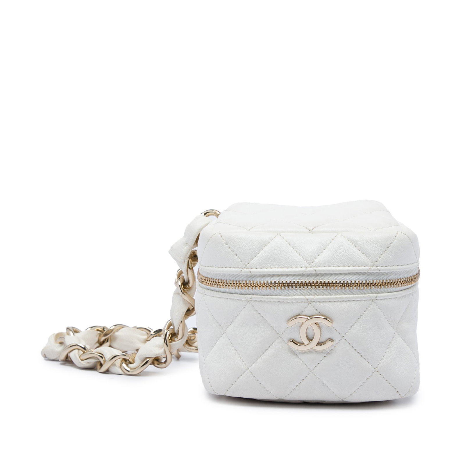 Chanel CC Cube Zip Clutch with Chain Quilted Lambskin: Chanel CC Cube Zip Clutch with Chain Quilted Lambskin Compact Chanel vanity bag in white quilted lambskin leather with a leather-woven chain handle and top zip-around closure. The bag includes a card 