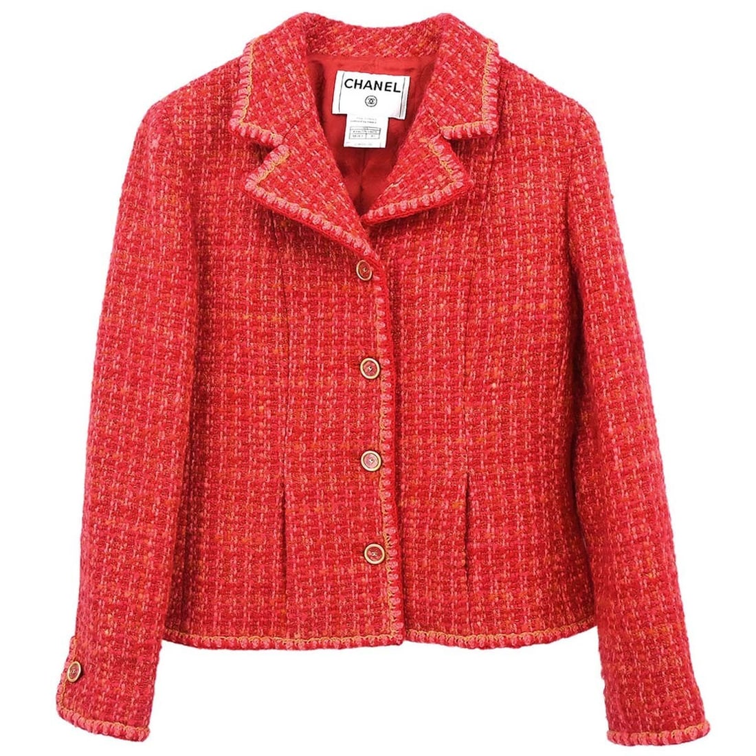 CHANEL Red Tweed Wool Silk Button Jacket Size 40: CHANEL Red Tweed Wool Silk Button Jacket Size 40 Vintage Chanel single-breasted tweed jacket in red with a collared neckline, long sleeves, and button-front closure. This women's mid-length jacket is 