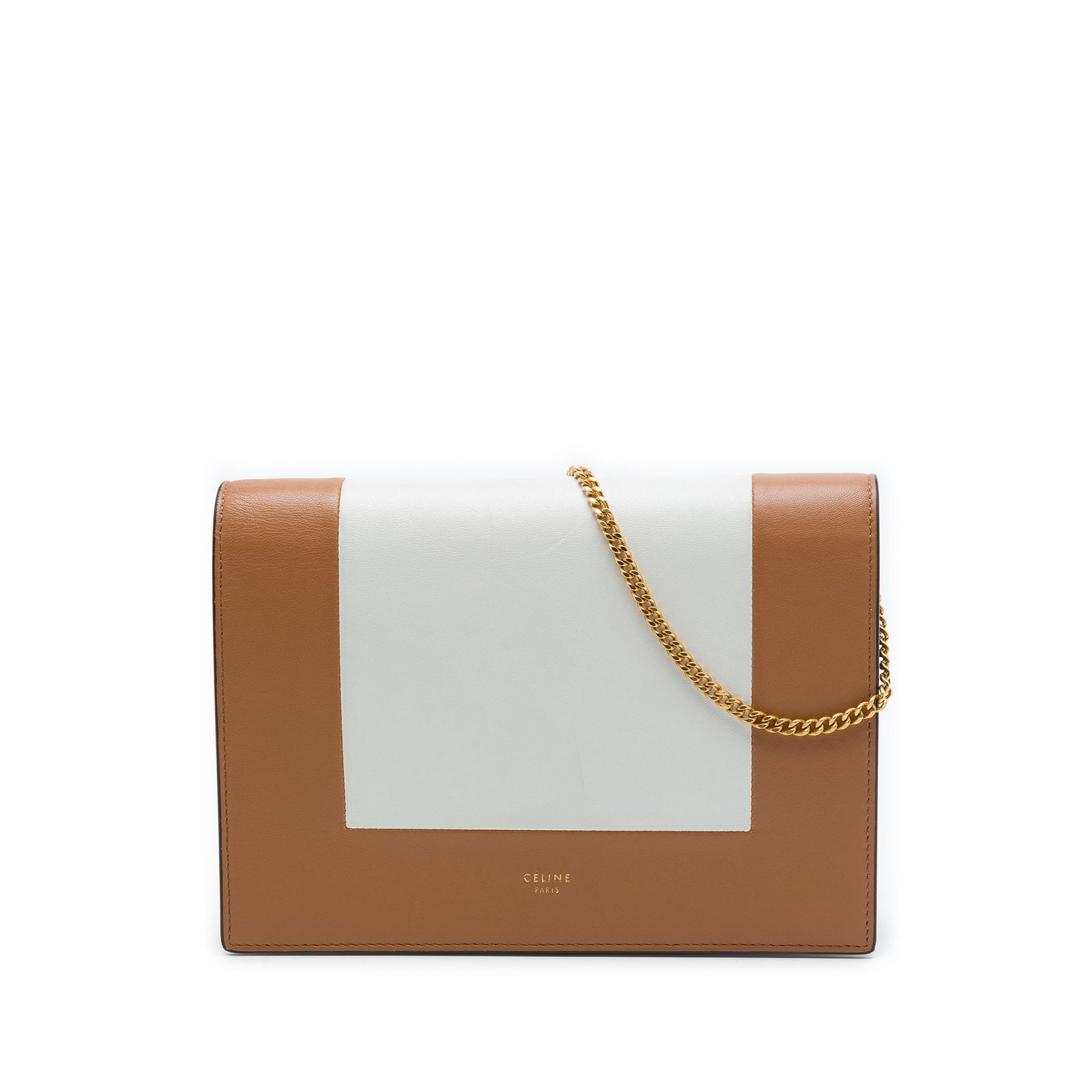 Celine Frame Wallet on Chain Brown Leather Bag: Celine Frame Wallet on Chain Brown Leather Bag A Celine Leather Frame Wallet on Chain crafted in brown leather with a structured frame silhouette. It features a chain link strap, a front flap with sna