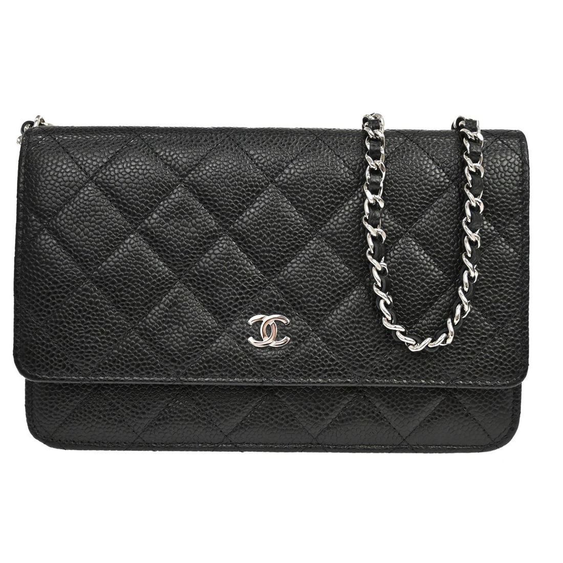 CHANEL Classic WOC Wallet on Chain Black Caviar Leather: CHANEL Classic WOC Wallet on Chain Black Caviar Leather Chanel Classic WOC Wallet on Chain shoulder bag in black calfskin leather with a folding design. This women's wallet features a compact silhouet
