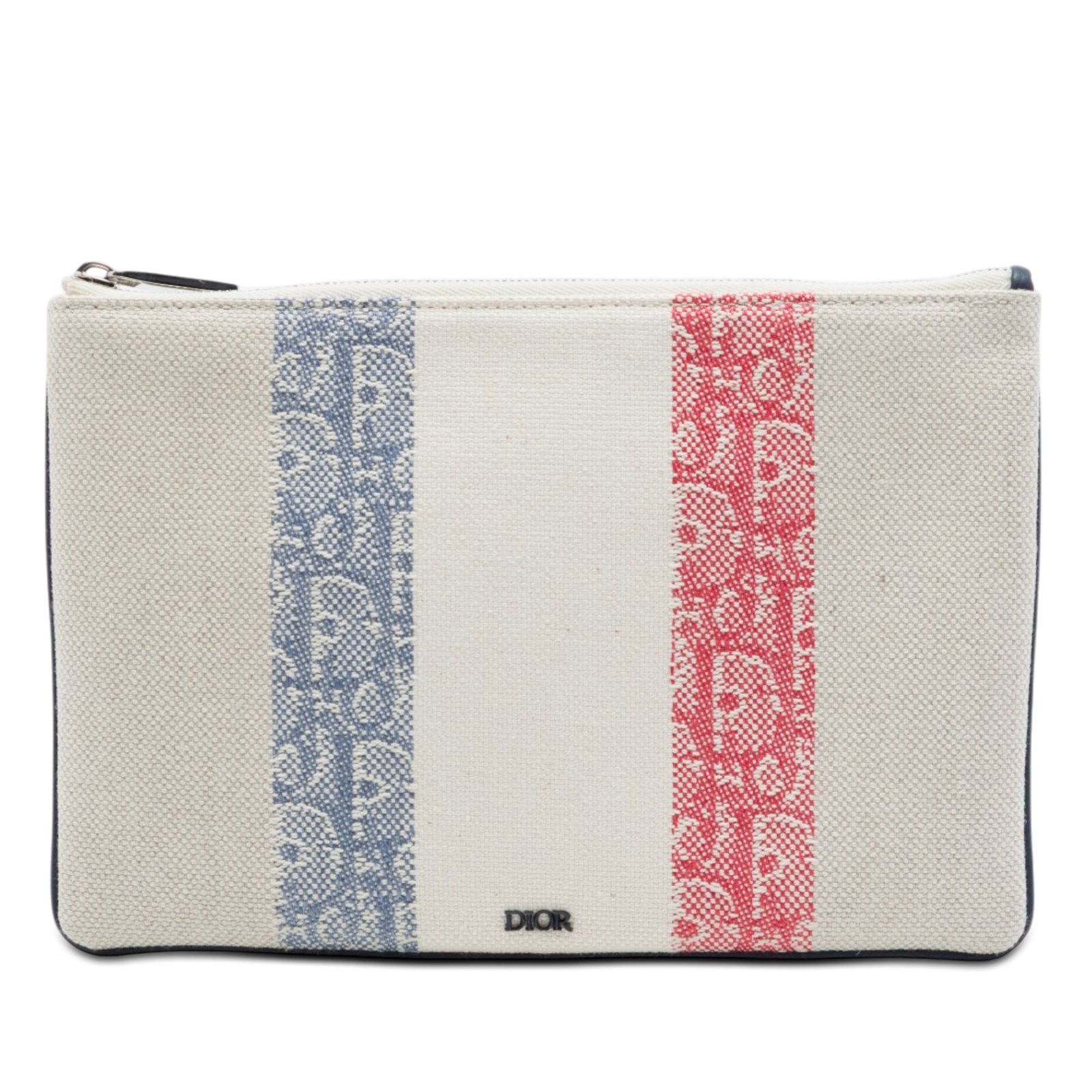 Dior Tricolor Oblique Stripe Canvas Zip Pouch Beige: Dior Tricolor Oblique Stripe Canvas Zip Pouch Beige Dior tricolor oblique canvas stripe zip pouch with a canvas body and top zip closure. Includes dust bag and box. Condition AB with staining to the e