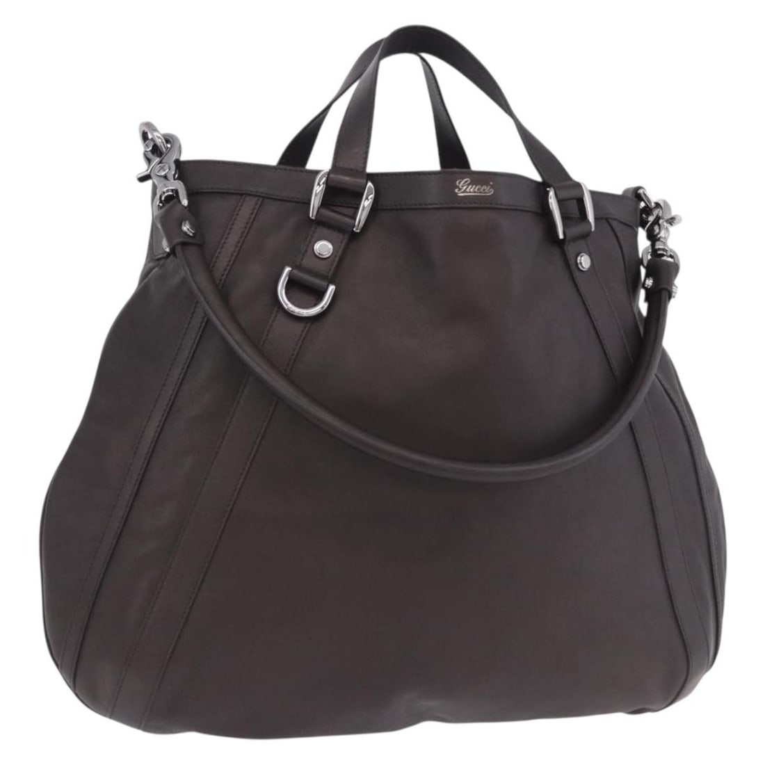 GUCCI 268641 Leather Shoulder Bag Brown Silver with Strap: GUCCI 268641 Leather Shoulder Bag Brown Silver with Strap Gucci 2-way shoulder bag in brown leather with silver-tone accents. Designed for women, this Italian-made bag can be carried by the handles or