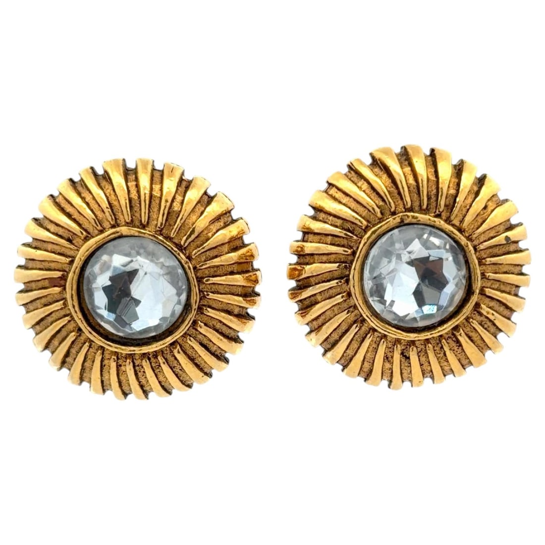 Chanel Sunflower Clip Earrings Vermeil Crystal Pair 1990s: Chanel Sunflower Clip Earrings Vermeil Crystal Pair 1990s A striking pair of vintage Chanel clip-on earrings from the 1990s, featuring a sunflower-inspired design with textured vermeil and faceted cle