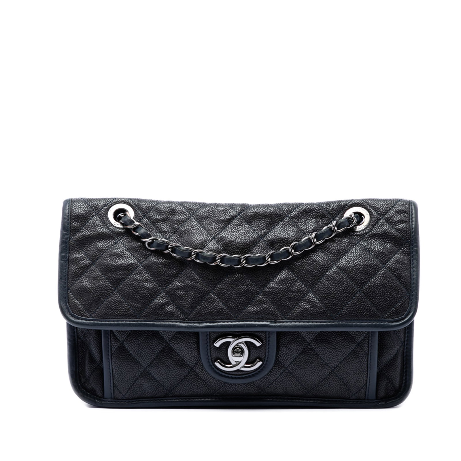 Chanel French Riviera Medium Flap Bag Blue Quilted Caviar Leather: Chanel French Riviera Medium Flap Bag Blue Quilted Caviar Leather A Chanel Medium Quilted Caviar French Riviera Flap in blue leather with the signature quilted caviar body, leather-woven chain link st