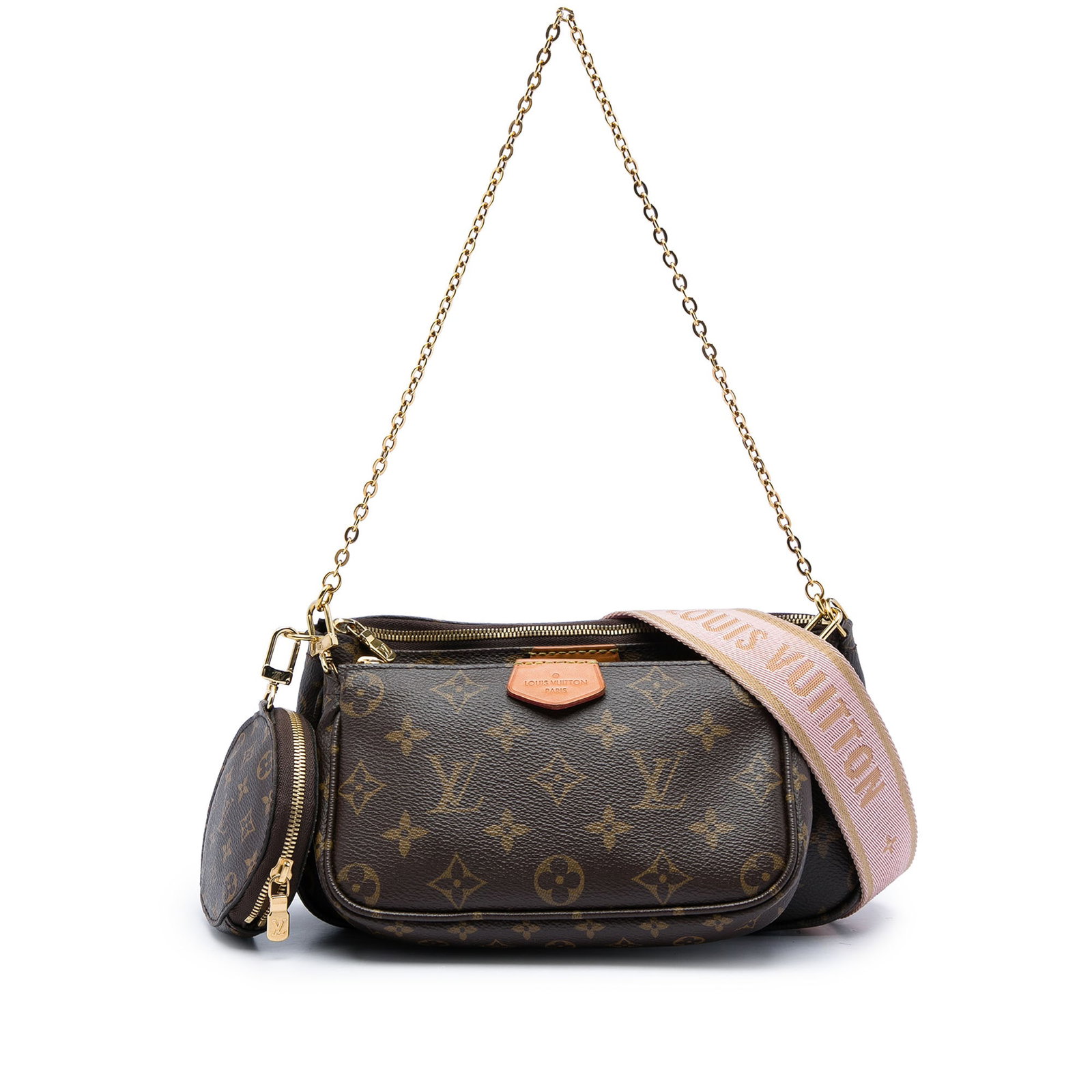 Louis Vuitton Monogram Multi Pochette Shoulder Bag with Coin Pouch: Louis Vuitton Monogram Multi Pochette Shoulder Bag with Coin Pouch Louis Vuitton Monogram Multi Pochette Accessoires in brown monogram canvas with a detachable chain link strap and a detachable flat c