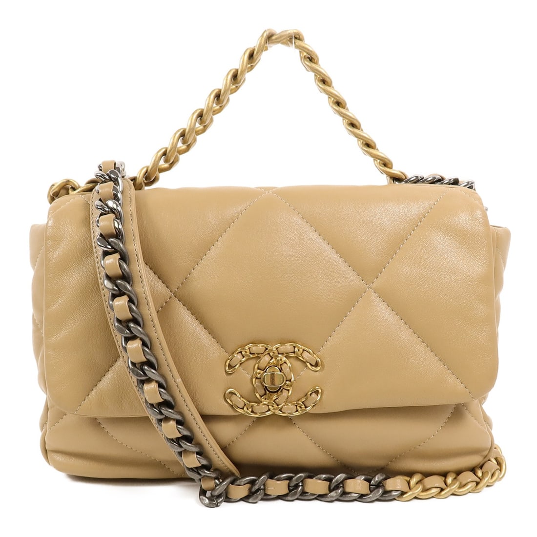 CHANEL Chanel 19 Medium Lambskin 2 Way Shoulder Bag Beige GHW: CHANEL Chanel 19 Medium Lambskin 2 Way Shoulder Bag Beige GHW A CHANEL Chanel 19 Medium 2 Way Chain Shoulder Bag in beige lambskin (sheep leather). The bag features CC hardware and a turn lock closure