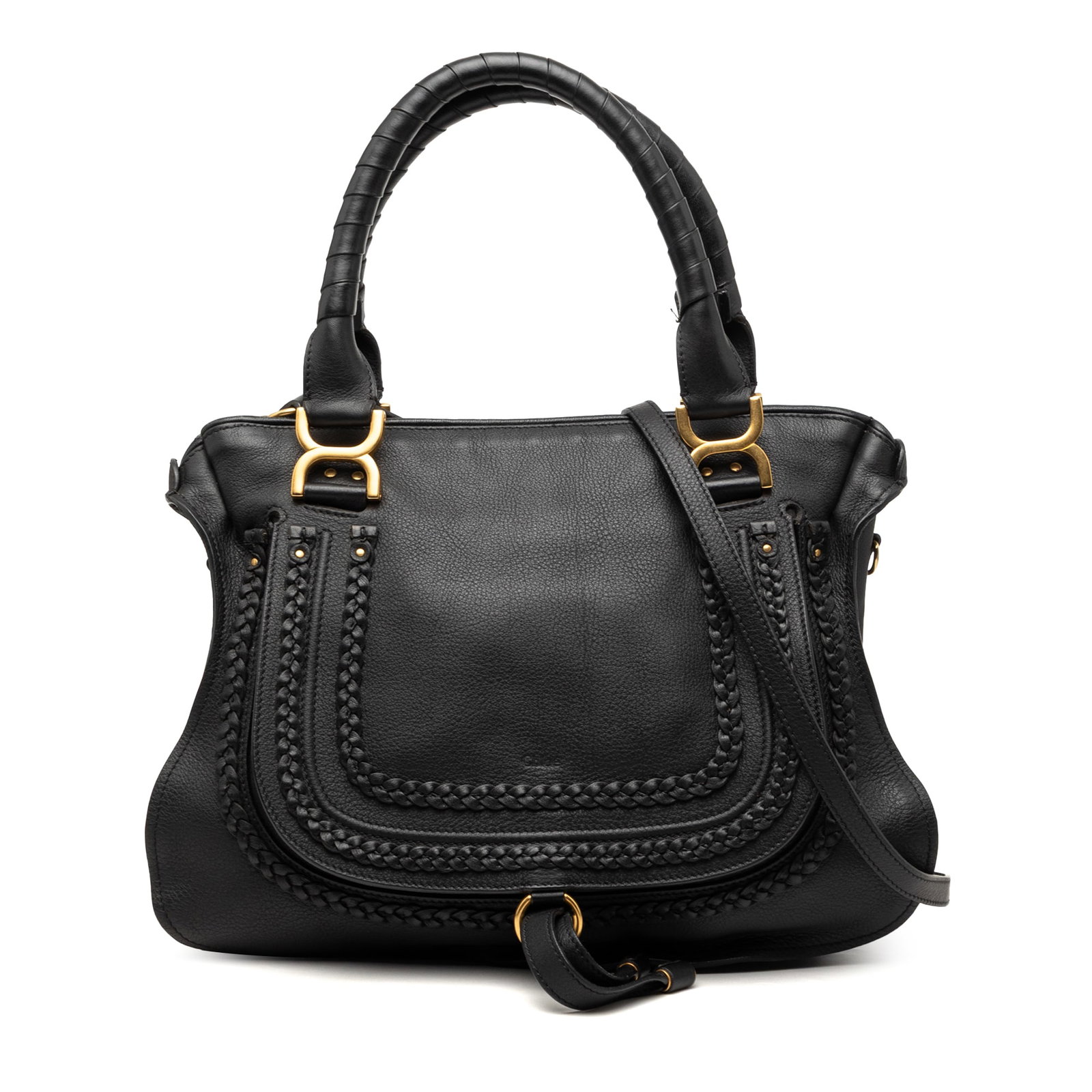Chloe Marcie Medium Black Leather Satchel Bag: Chloe Marcie Medium Black Leather Satchel Bag Chloe Medium Marcie satchel crafted in black leather with rolled leather handles, a detachable flat leather strap, and a top zip closure. The bag includes