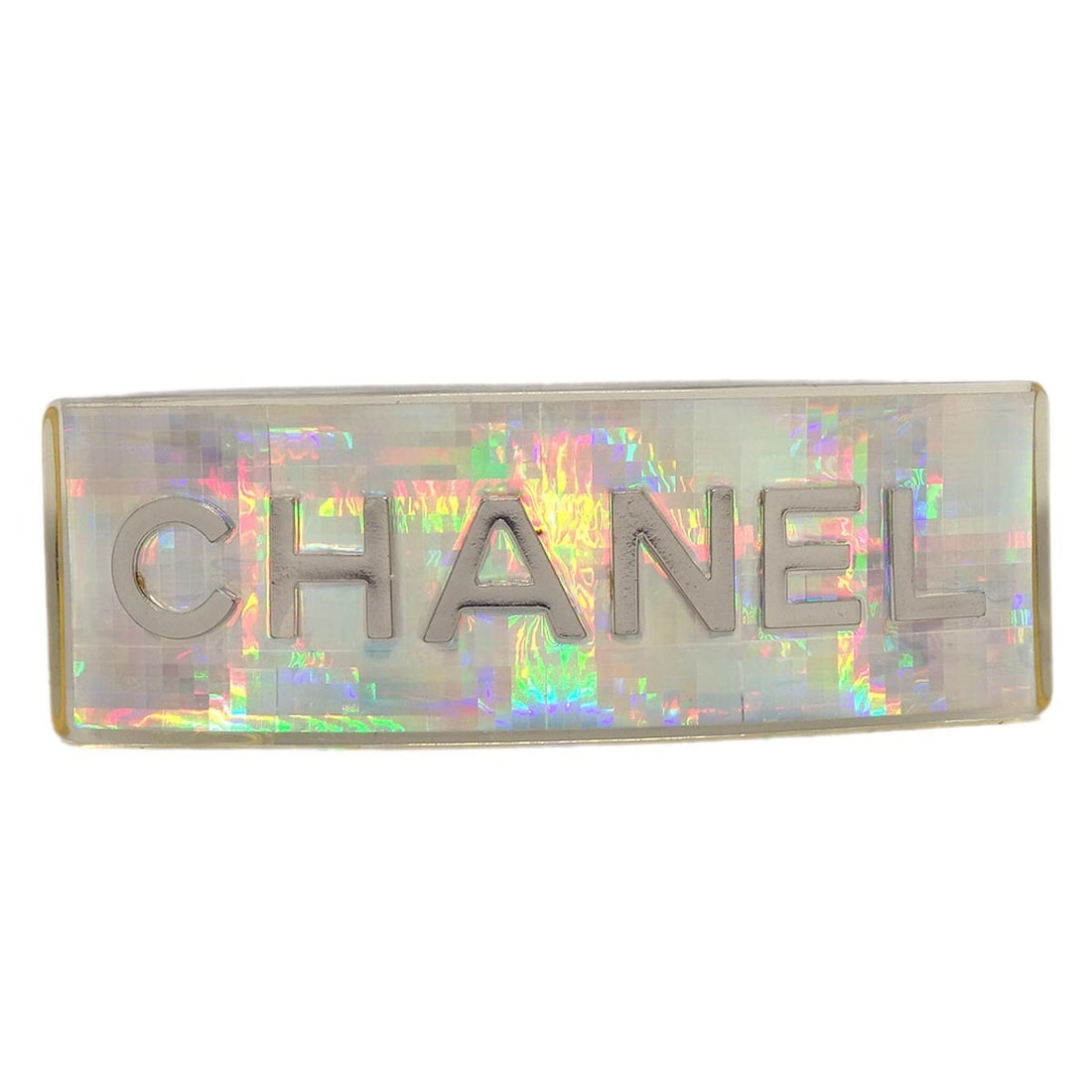 Chanel 97P 62 Silver Acrylic Logo Barrette Hair Clip: Chanel 97P 62 Silver Acrylic Logo Barrette Hair Clip Chanel barrette hair clip in silver-tone acrylic with logo accent. Made in France, this women's hair accessory is designed for casual wear and is s