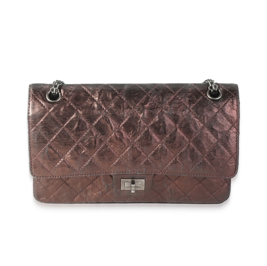 Chanel 2.55 Reissue 226 Metallic Leather Shoulder Bag with Box: Chanel 2.55 Reissue 226 Metallic Leather Shoulder Bag with Box Chanel 2.55 Reissue 226 shoulder bag in bronze metallic quilted leather with a turnlock closure and leather lining. This pre-owned bag in