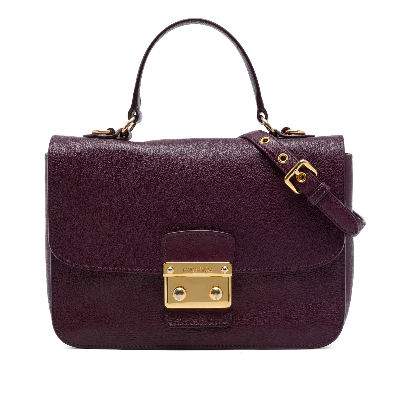 Miu Miu Madras goatskin satchel with top handle push lock: Miu Miu Madras goatskin satchel with top handle push lock Miu Miu Madras satchel crafted in purple goatskin leather with a structured top handle design. It features a flat leather top handle, a detach