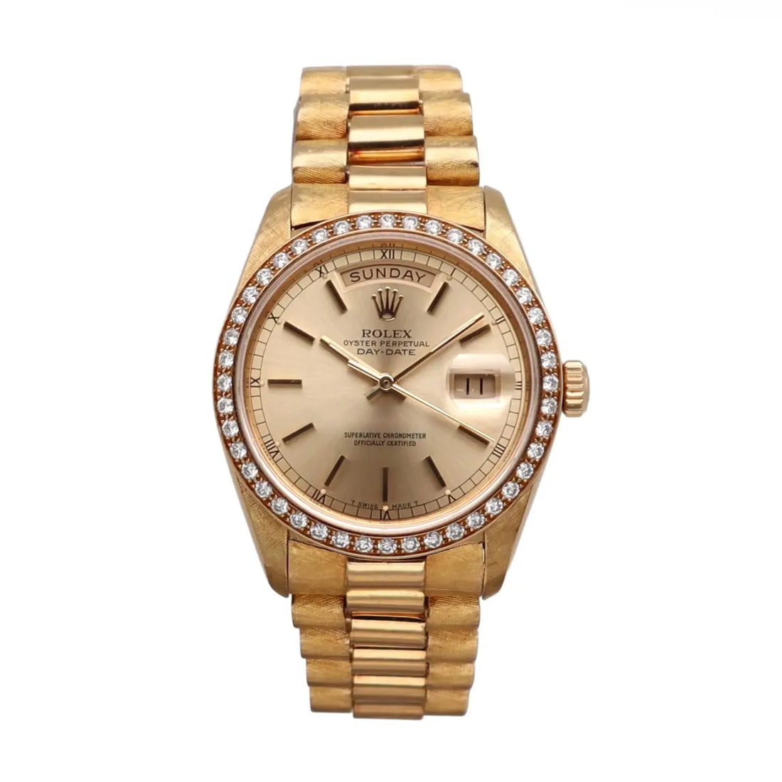 Rolex Day-Date 18038 36mm Yellow Gold Watch Champagne Dial: Rolex Day-Date 18038 36mm Yellow Gold Watch Champagne Dial Vintage Rolex Day-Date wristwatch with a champagne sunburst dial, Roman numeral hour markers, and a Florentine finish. This men's automatic w