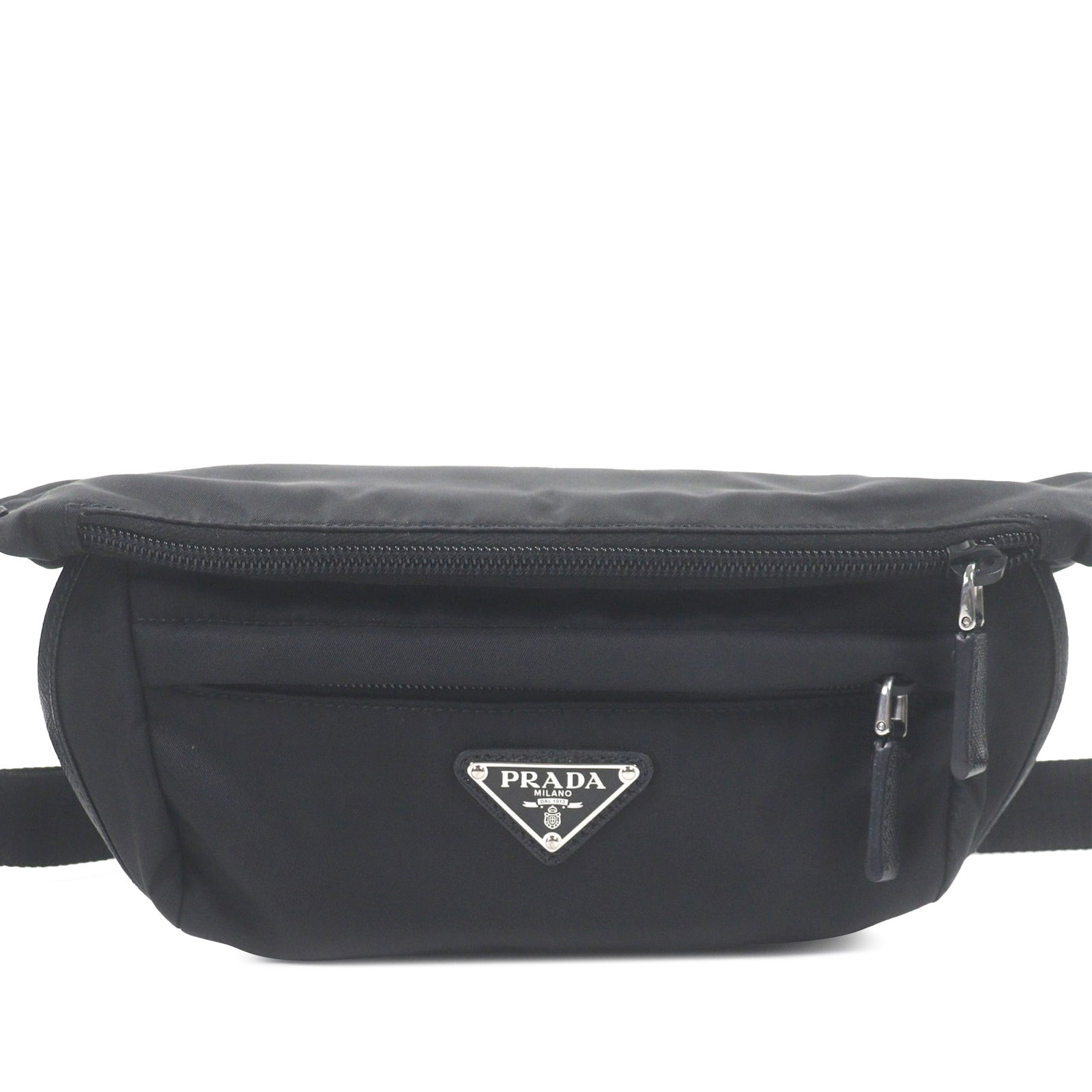 Prada Saffiano Re Nylon Belt Bag Black: Prada Saffiano Re Nylon Belt Bag Black Prada belt bag crafted with a nylon body and Saffiano leather trim. It features an adjustable flat waist strap, a top flap with buckle closures, and exterior top