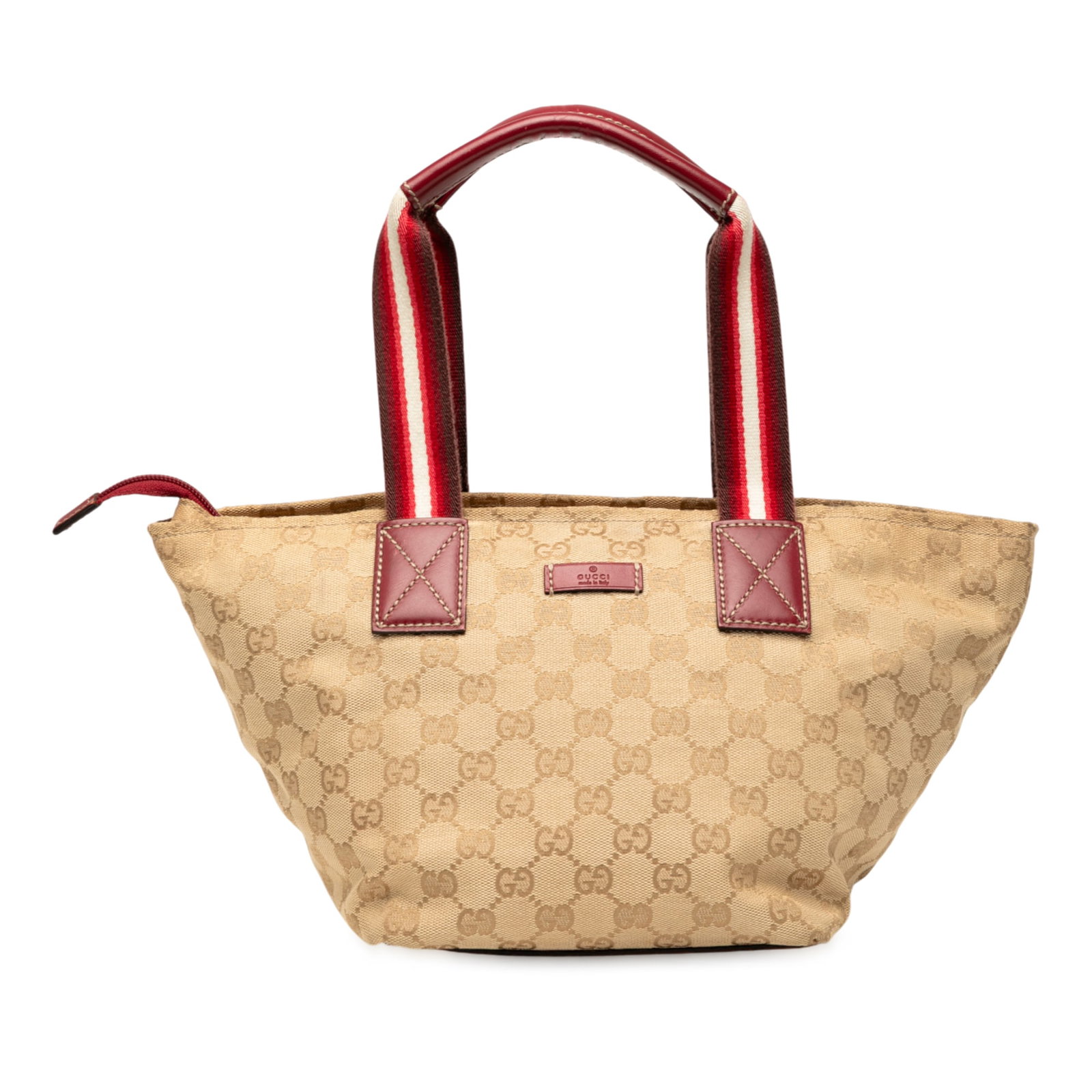 Gucci GG Canvas Web Tote Leather Trim Zip Pockets: Gucci GG Canvas Web Tote Leather Trim Zip Pockets The Gucci GG Canvas Web Handbag showcases a stylish design crafted from durable canvas, complemented by luxe leather trim. This handbag features flat 