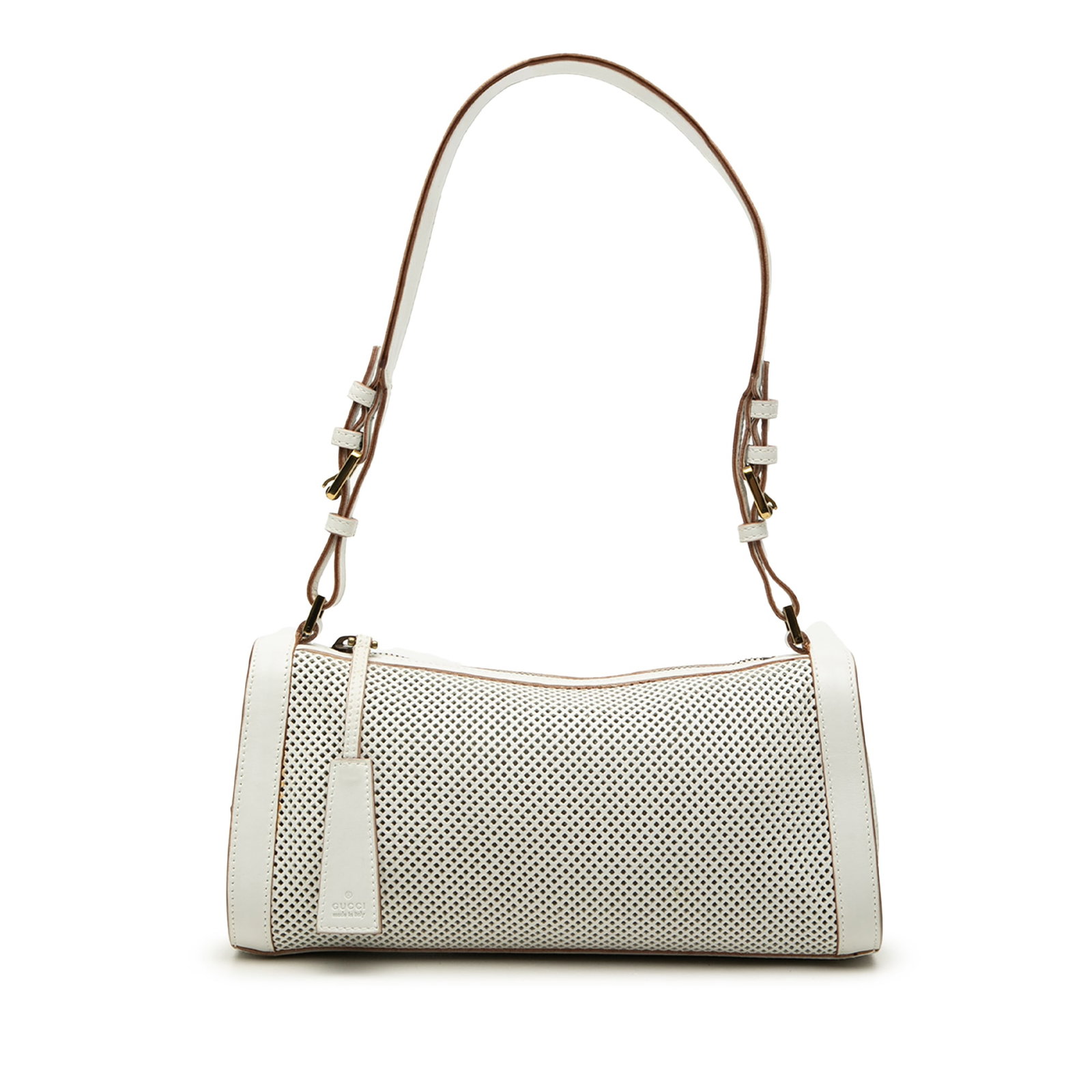 Gucci Perforated Leather Shoulder Bag White Zip Pouch: Gucci Perforated Leather Shoulder Bag White Zip Pouch Gucci perforated leather shoulder bag in white with a streamlined silhouette and practical zip-top design. It features a flat leather shoulder str