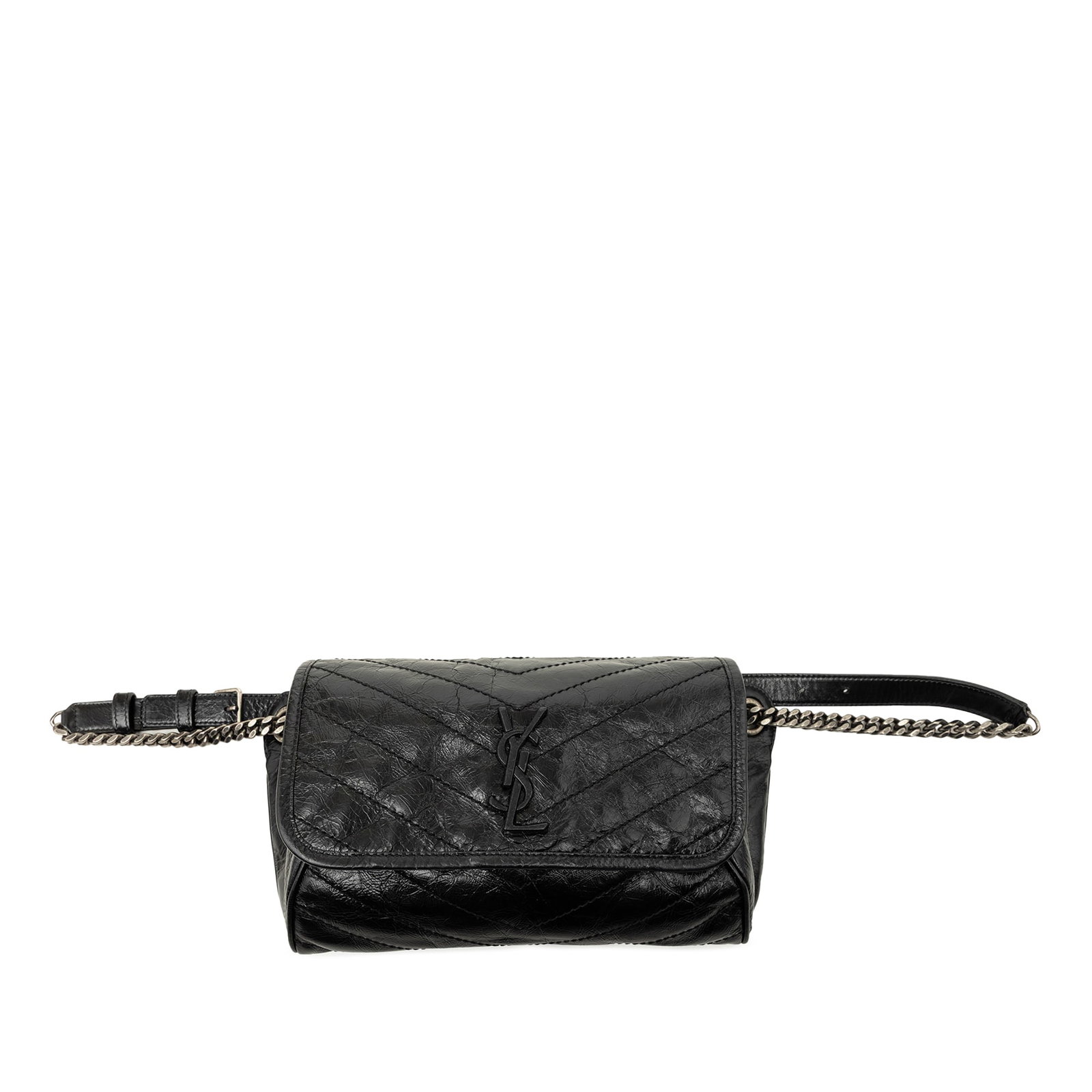Saint Laurent Niki Monogram belt bag in crinkled calfskin: Saint Laurent Niki Monogram belt bag in crinkled calfskin Saint Laurent Niki belt bag in black crinkled calfskin with the Monogram design. This belt bag features curb chain straps with a leather guard