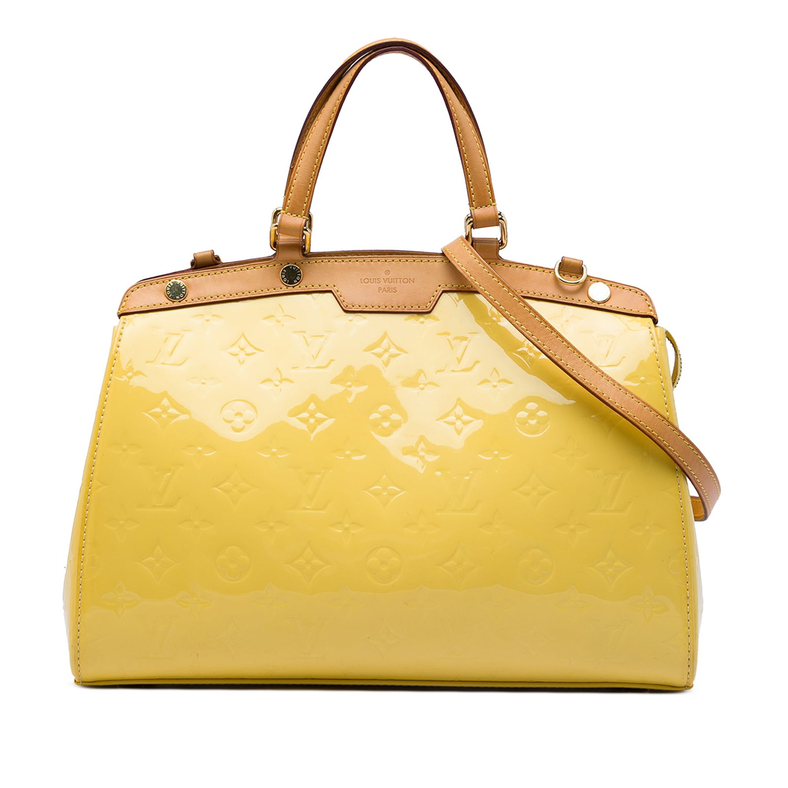 Louis Vuitton Brea MM Monogram Vernis Leather Handbag Yellow: Louis Vuitton Brea MM Monogram Vernis Leather Handbag Yellow Louis Vuitton Monogram Vernis Brea MM handbag crafted in yellow vernis leather with flat vachetta leather handles and a detachable leather 