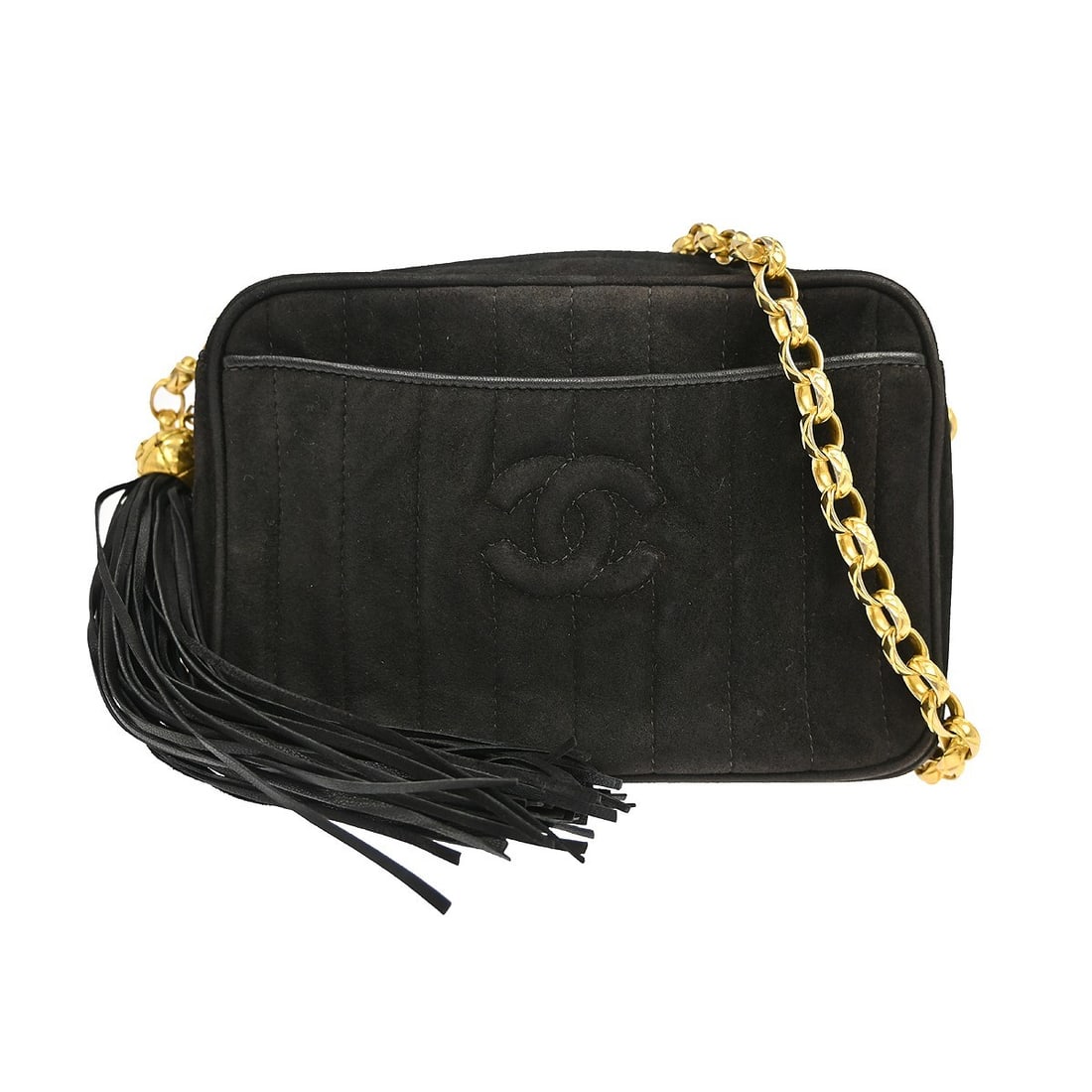 CHANEL Camera Bag Mini black suede crossbody with fringe: CHANEL Camera Bag Mini black suede crossbody with fringe Vintage Chanel mini camera bag in black suede with a zip closure and chain crossbody strap. This women's shoulder bag features fringe accents, 