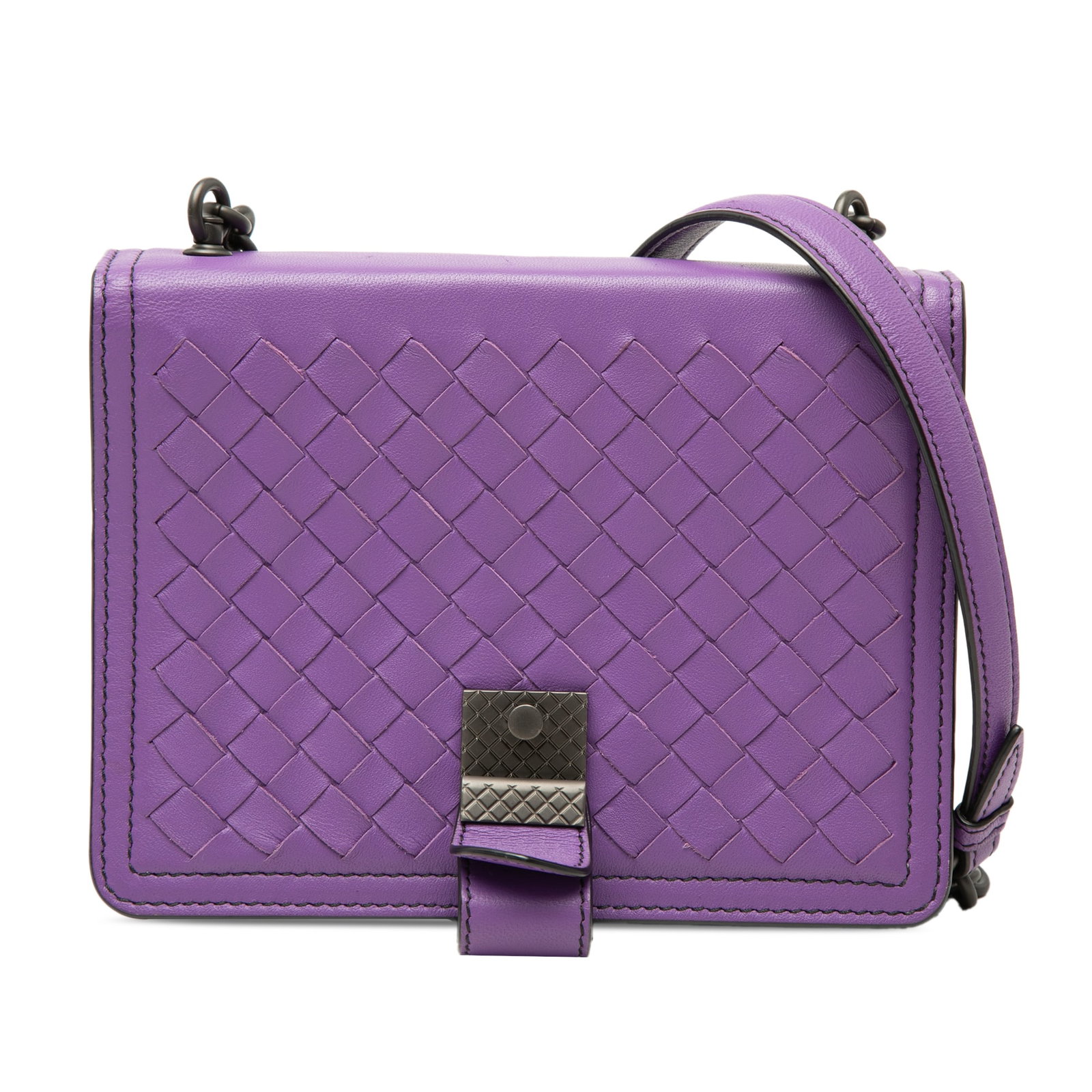 Bottega Veneta Intrecciato Nappa Shoulder Bag Purple Small Runway: Bottega Veneta Intrecciato Nappa Shoulder Bag Purple Small Runway Small Bottega Veneta Runway shoulder bag in purple woven nappa leather with a front flap and push lock closure. The bag features a cha