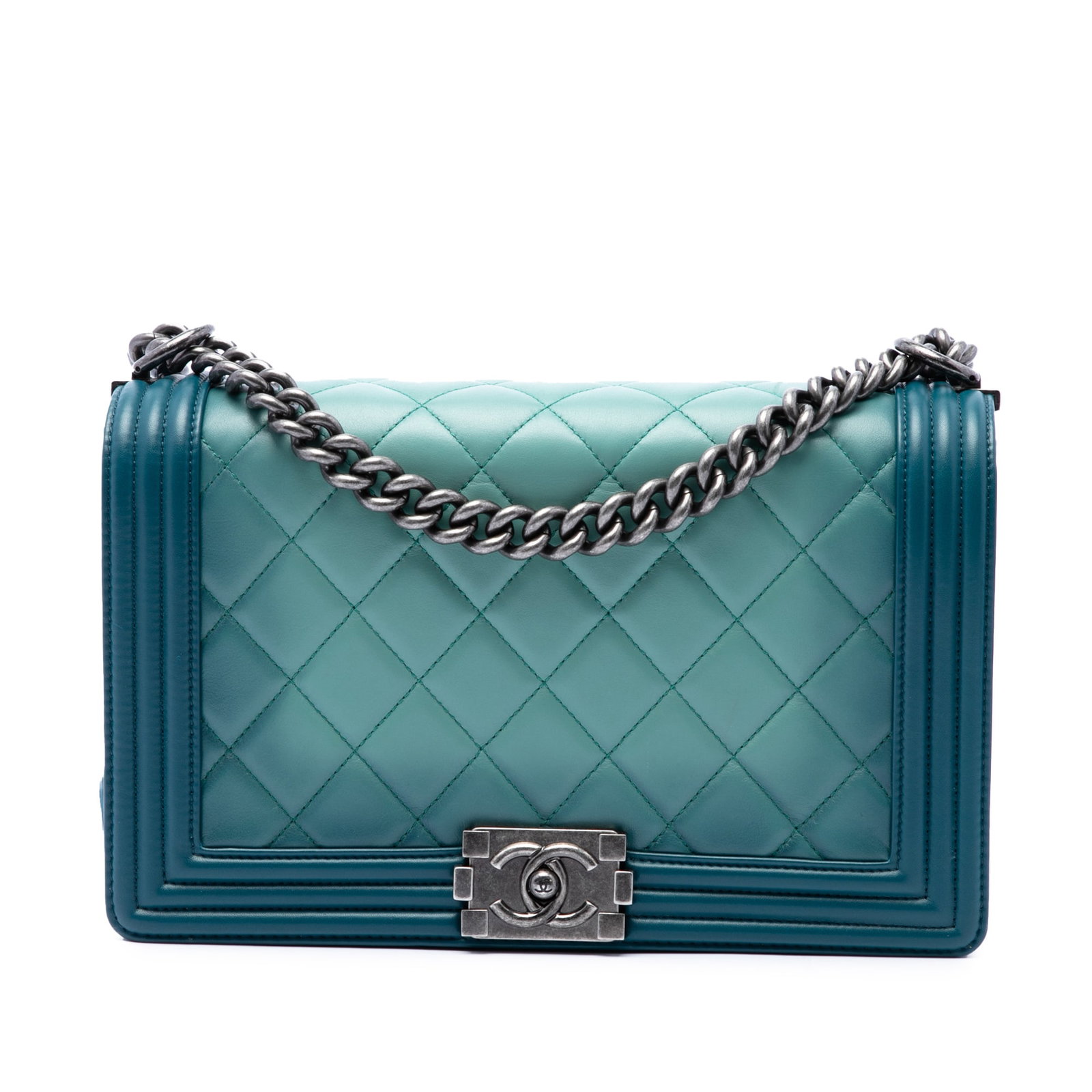Chanel Boy Flap Medium Ombre Quilted Calfskin Shoulder Bag: Chanel Boy Flap Medium Ombre Quilted Calfskin Shoulder Bag A Chanel Medium Boy Flap bag crafted in quilted calfskin leather with an ombre blue finish. This shoulder bag features a chain link strap wit