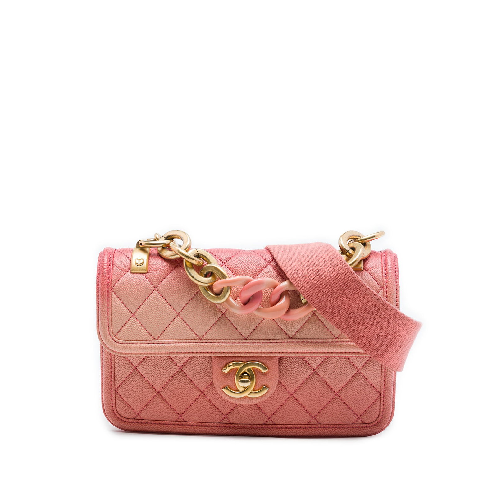 Chanel Sunset On The Sea Small Flap Bag Quilted Caviar Leather: Chanel Sunset On The Sea Small Flap Bag Quilted Caviar Leather A Chanel Small Quilted Caviar Sunset On The Sea Flap bag in pink. This flap bag features a quilted caviar leather body, a curb acrylic ch