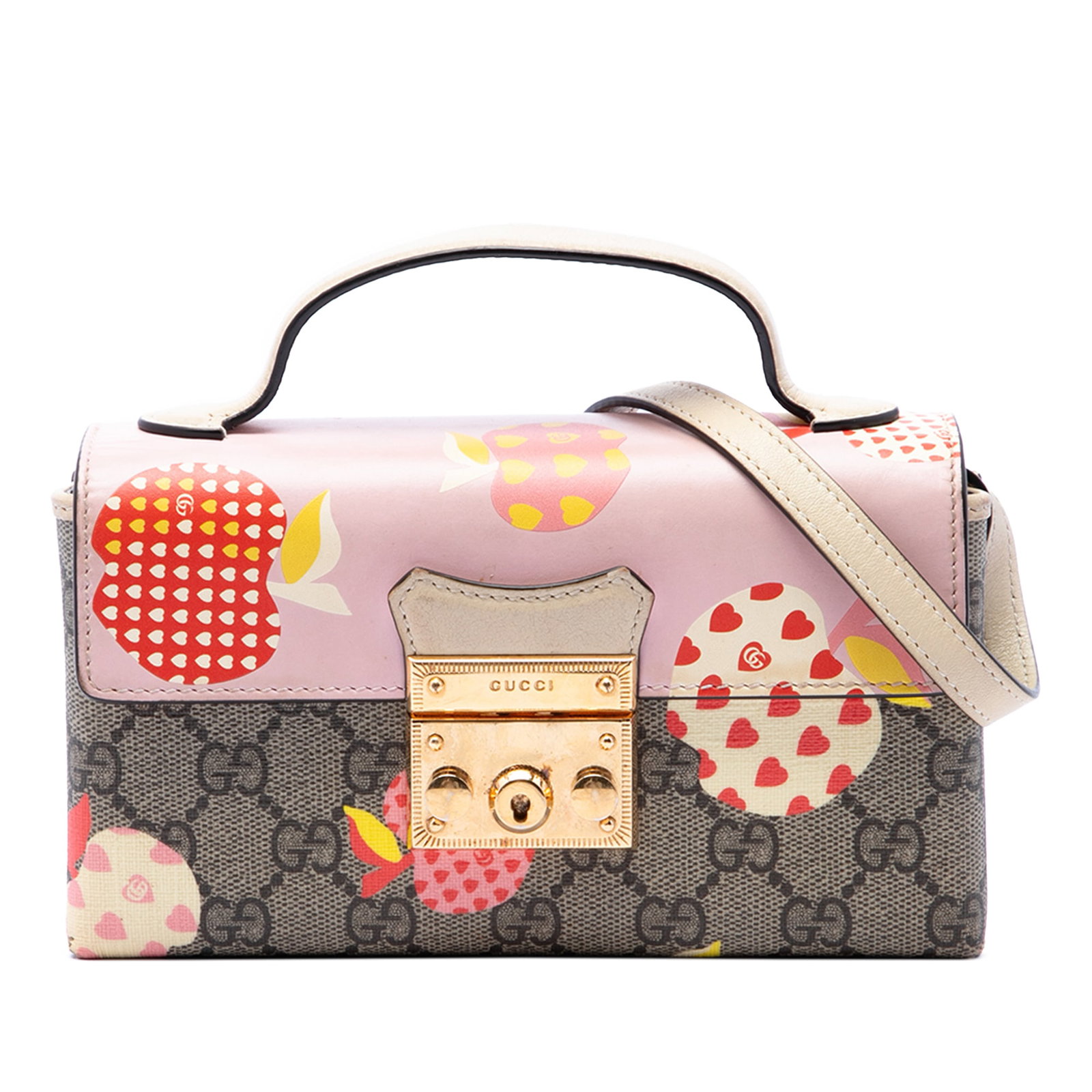 Gucci Les Pommes Padlock Mini Satchel GG Supreme Monogram: Gucci Les Pommes Padlock Mini Satchel GG Supreme Monogram This Gucci Padlock satchel is crafted in GG Supreme monogram coated canvas with leather trim and Les Pommes detailing. The structured design f