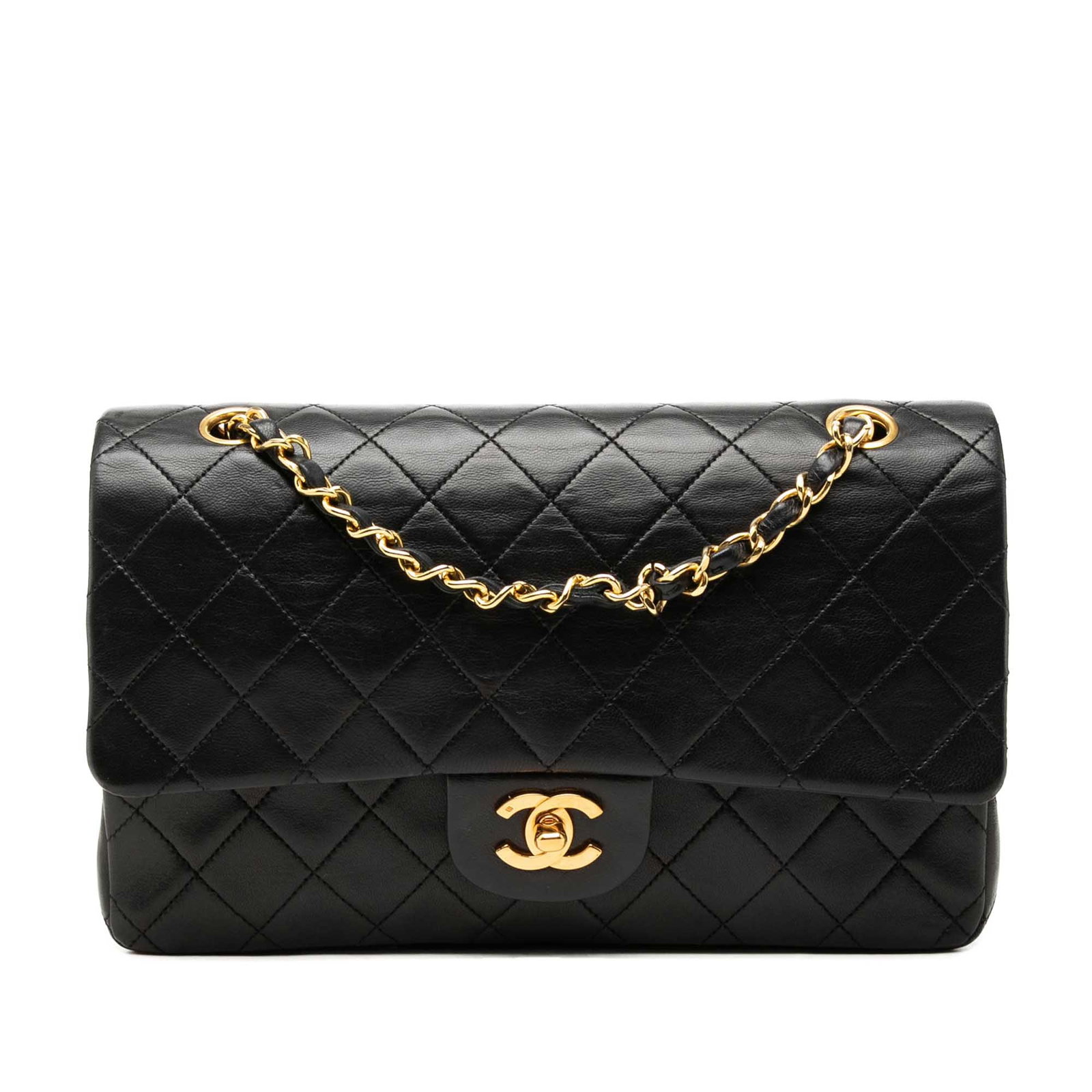 Chanel Medium Classic Double Flap Shoulder Bag Black Lambskin: Chanel Medium Classic Double Flap Shoulder Bag Black Lambskin A Chanel Medium Classic Lambskin Double Flap shoulder bag crafted in black quilted lambskin leather. This iconic design features a back sl