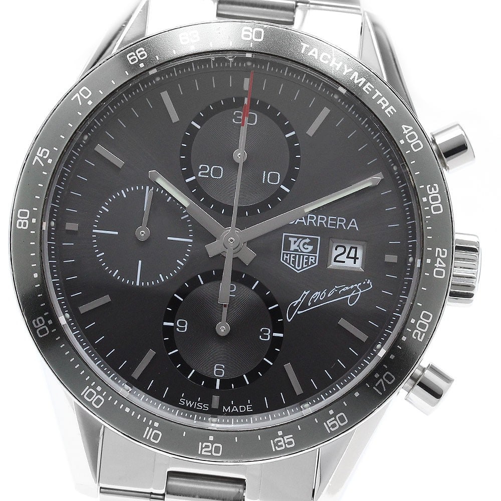 TAG HEUER Carrera Calibre 16 Fangio Limited Edition Chronograph Watch: TAG HEUER Carrera Calibre 16 Fangio Limited Edition Chronograph Watch TAG HEUER Carrera Tachymeter Calibre 16 J.M. Fangio Limited Edition wristwatch with automatic movement and a grey dial. This men's