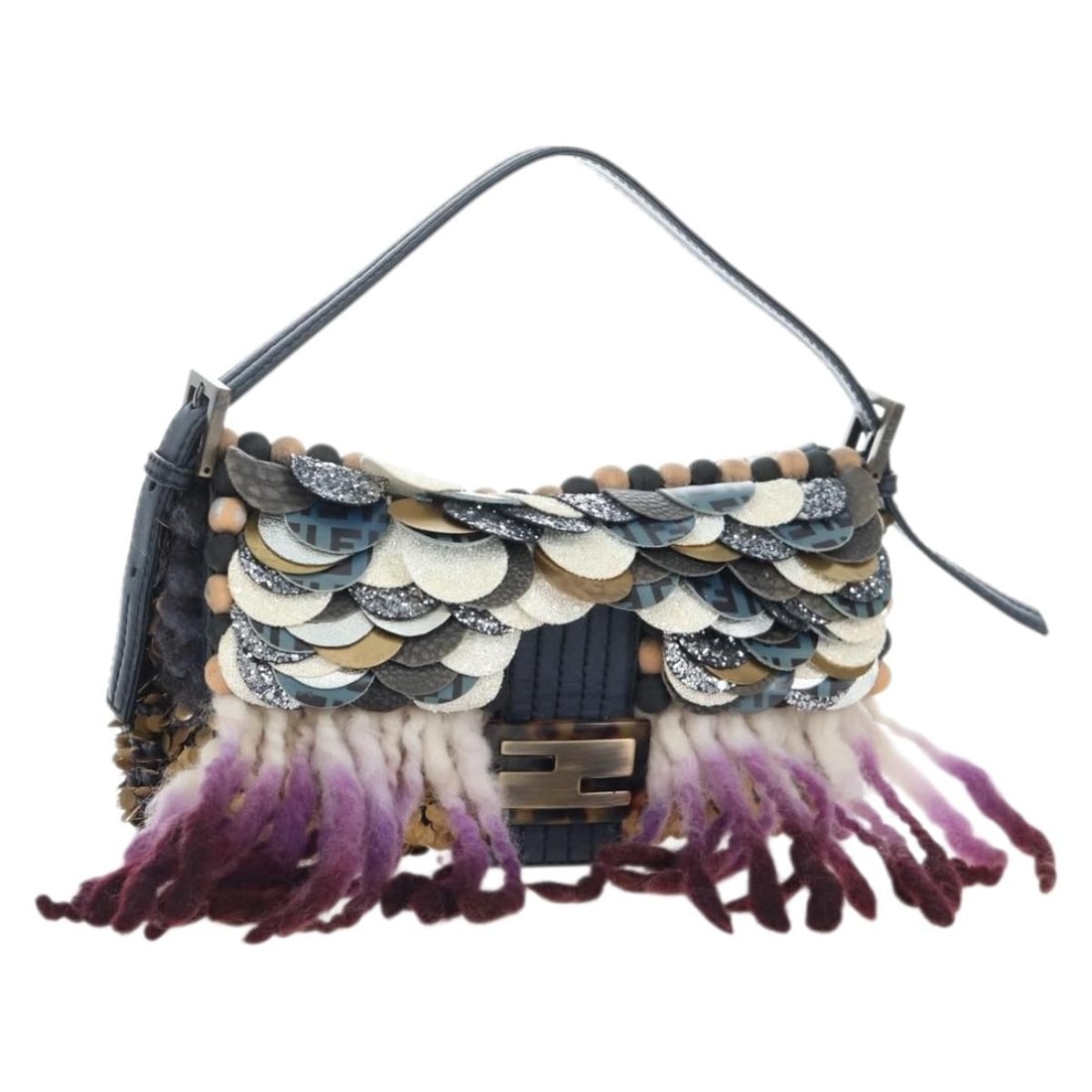 FENDI Mamma Baguette Wool Shoulder Bag Multicolor Gold: FENDI Mamma Baguette Wool Shoulder Bag Multicolor Gold Fendi Mamma Baguette shoulder bag in wool with sequin and metal detailing, finished in multicolor and gold. Made in Italy, this women's bag inclu