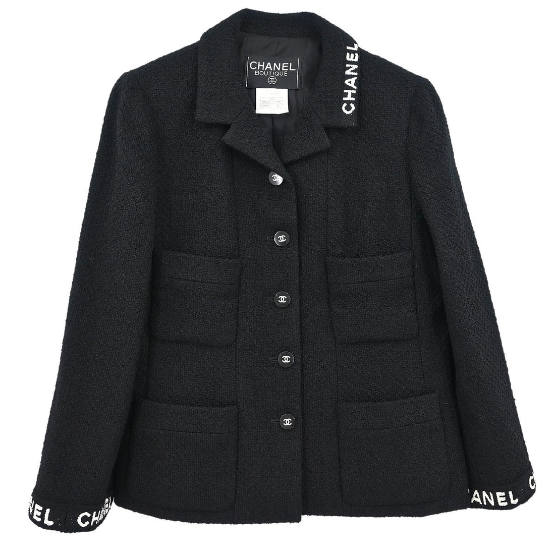 CHANEL 95A black wool single breasted women's jacket size 36: CHANEL 95A black wool single breasted women's jacket size 36 Vintage Chanel single-breasted jacket in black wool blend with a collared design, long sleeves, and four exterior pockets. This women's reg